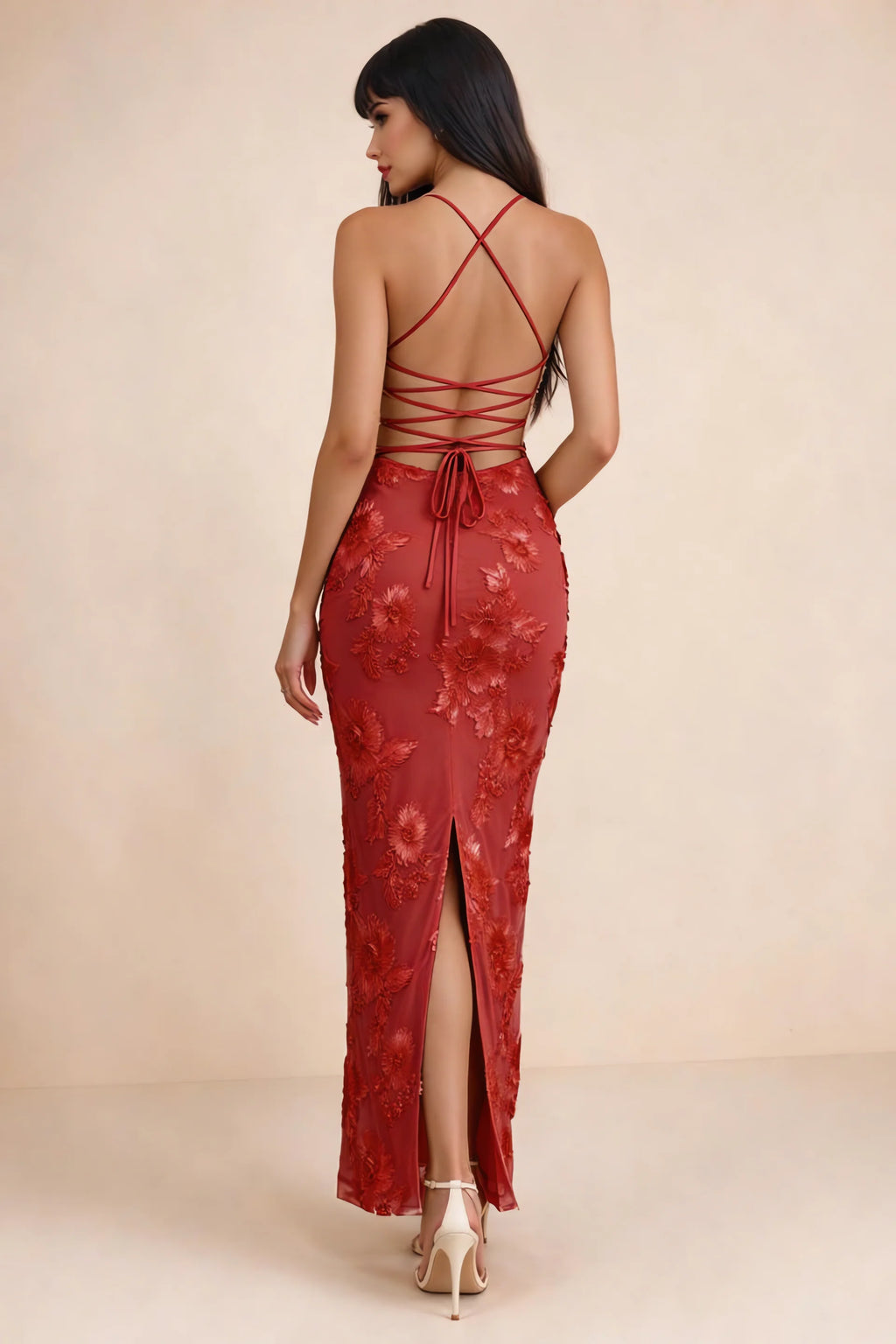 Clementine Red 3D Floral Sweetheart Maxi Dress