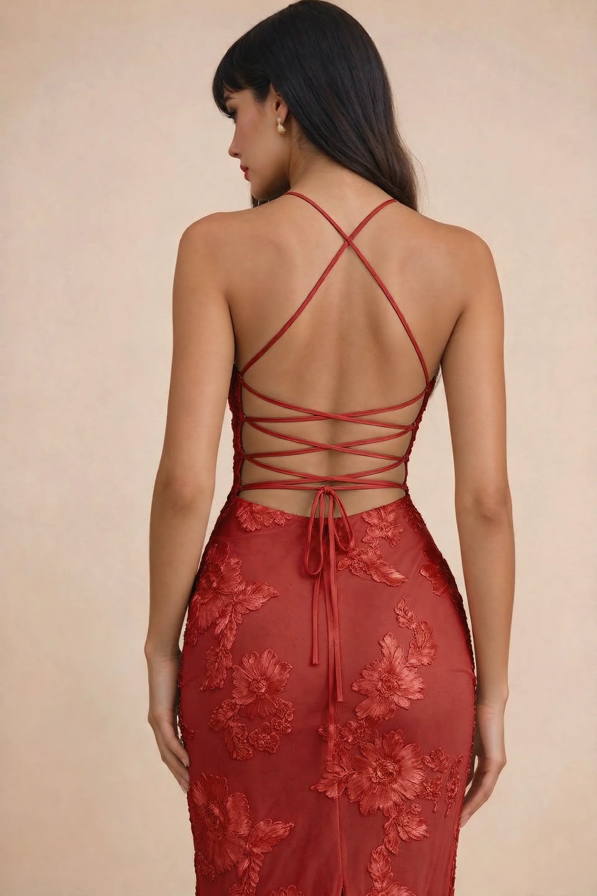Clementine Red 3D Floral Sweetheart Maxi Dress