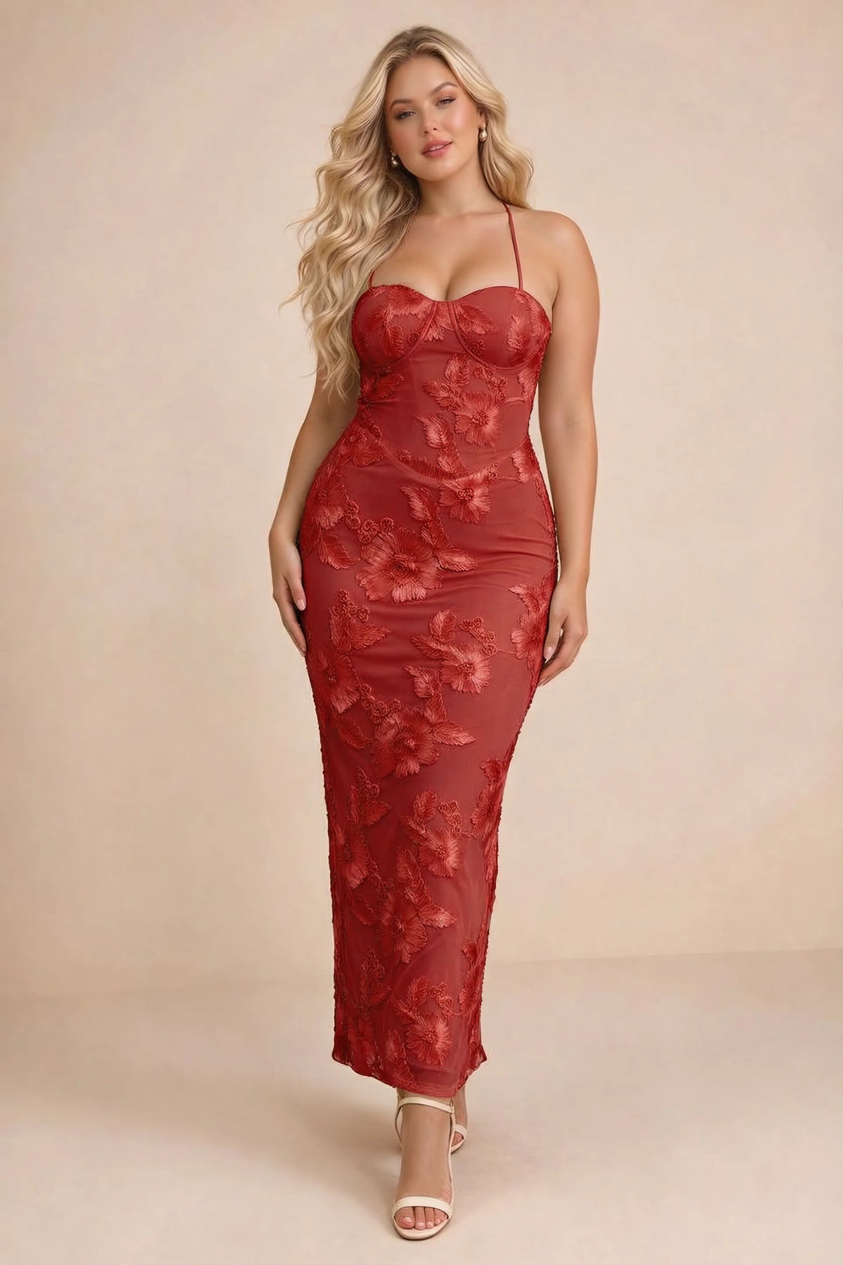 Clementine Red 3D Floral Sweetheart Maxi Dress