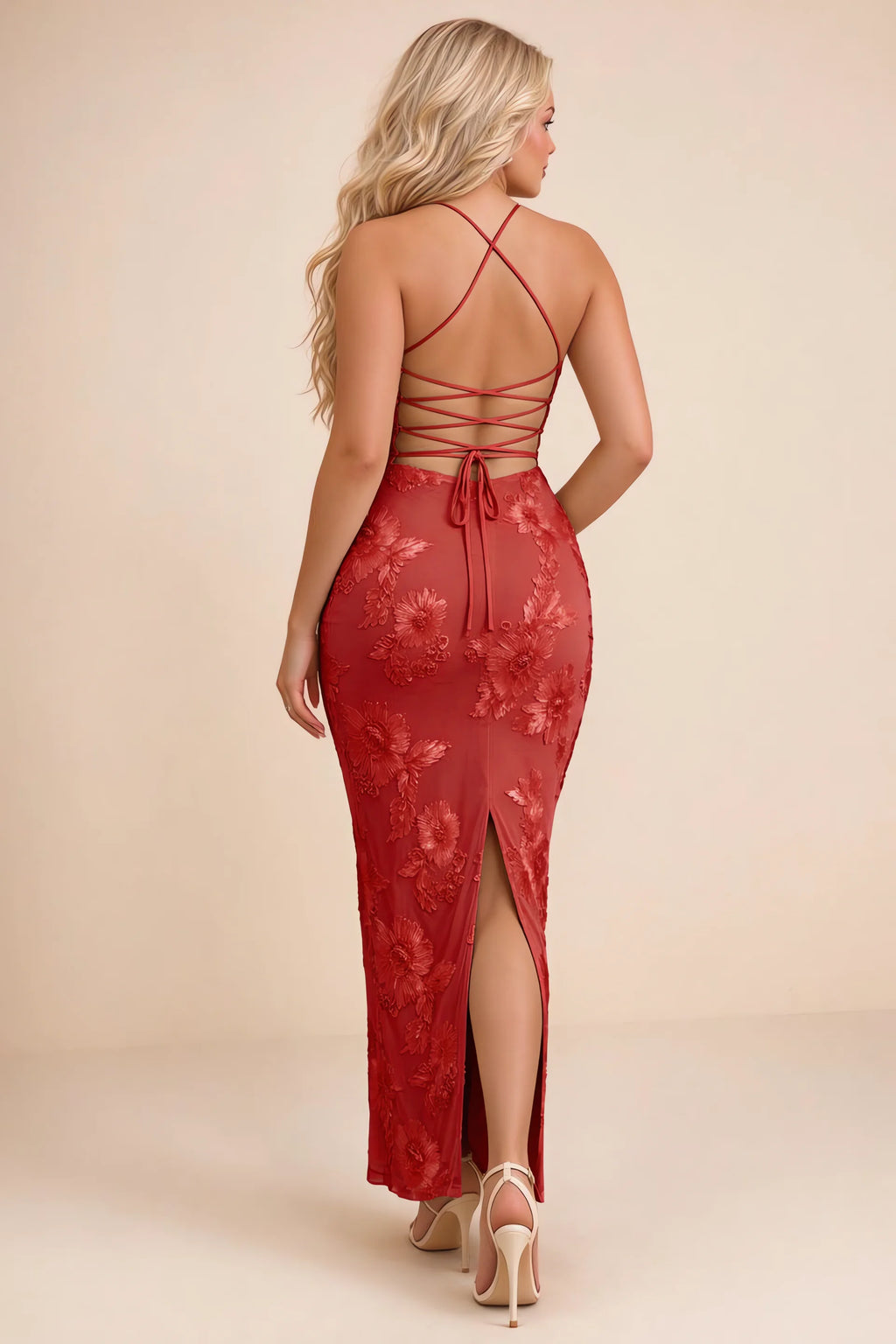 Clementine Red 3D Floral Sweetheart Maxi Dress