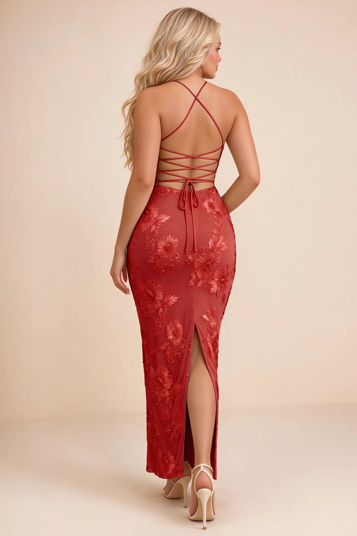Clementine Red 3D Floral Sweetheart Maxi Dress