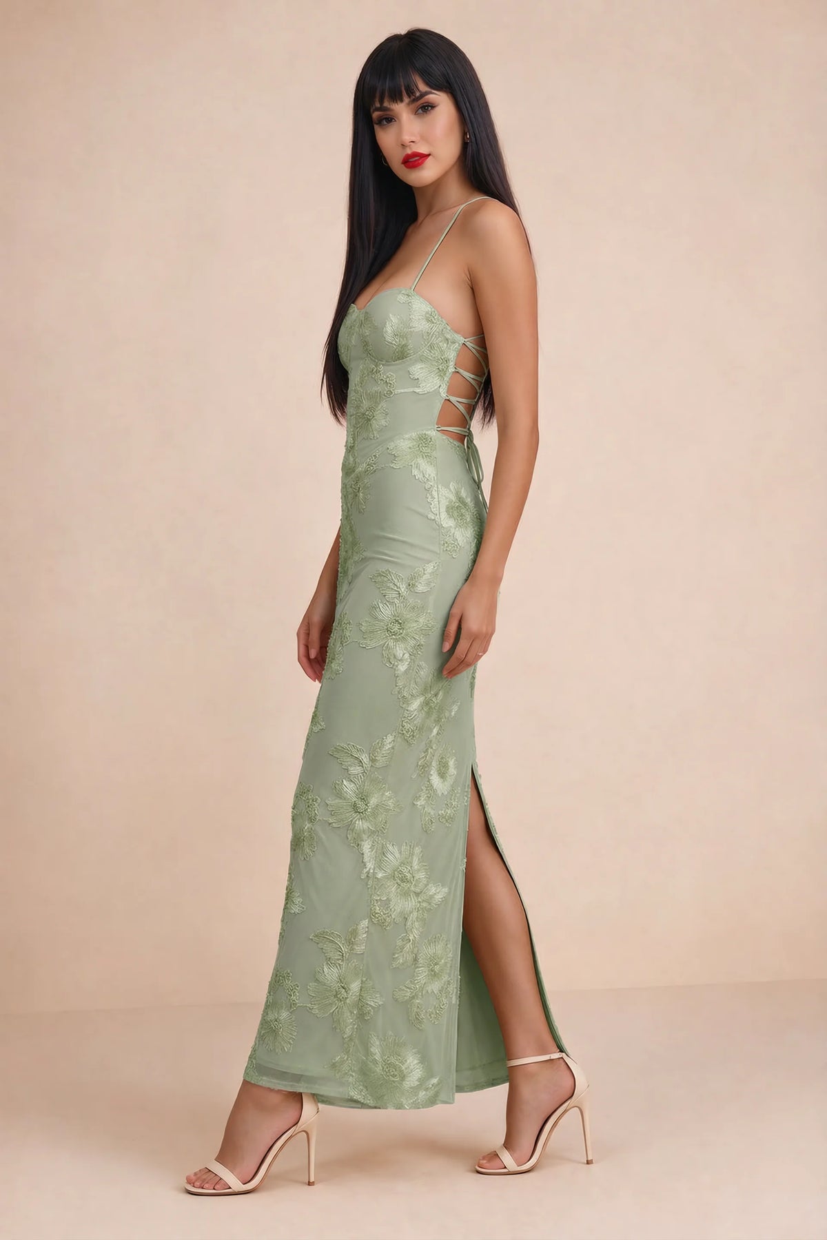 Clementine Sage Green 3D Floral Sweetheart Maxi Dress