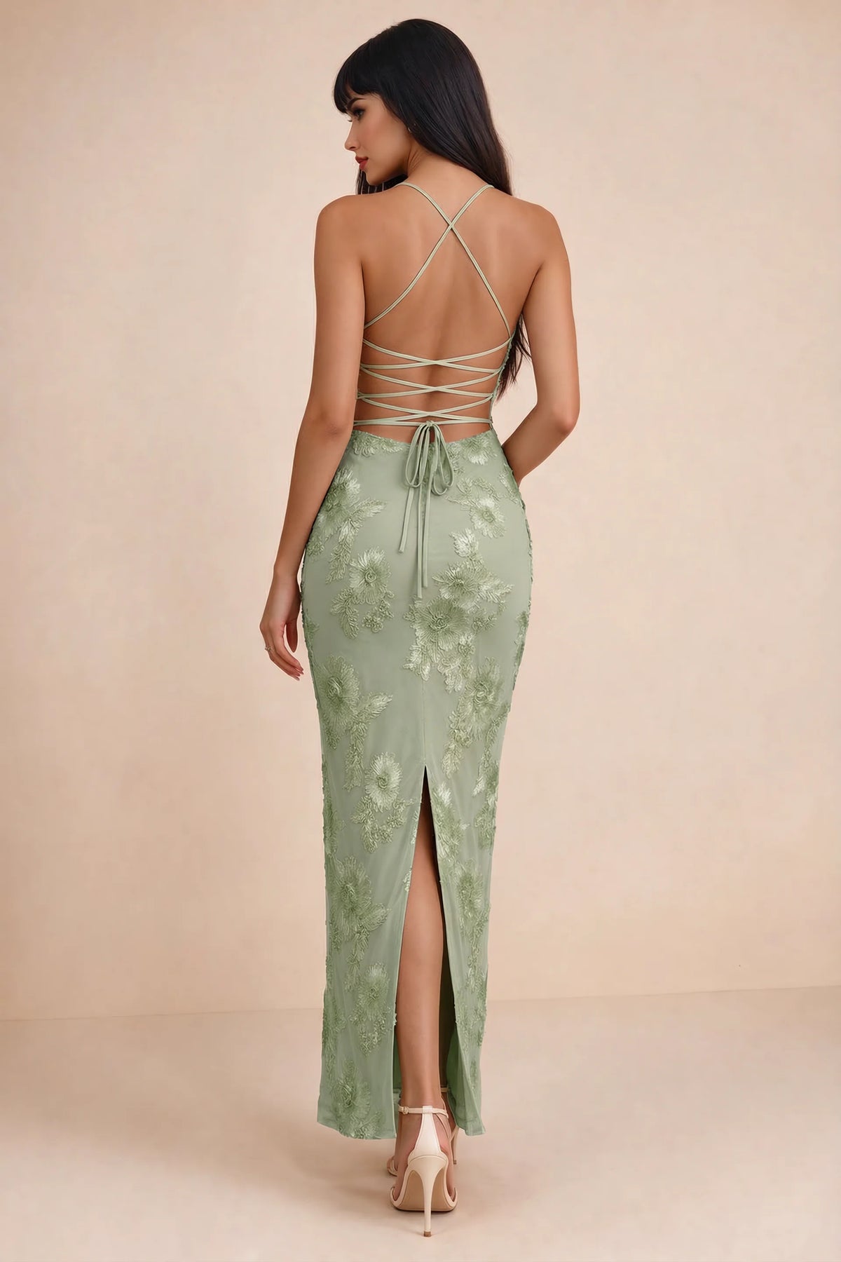 Clementine Sage Green 3D Floral Sweetheart Maxi Dress