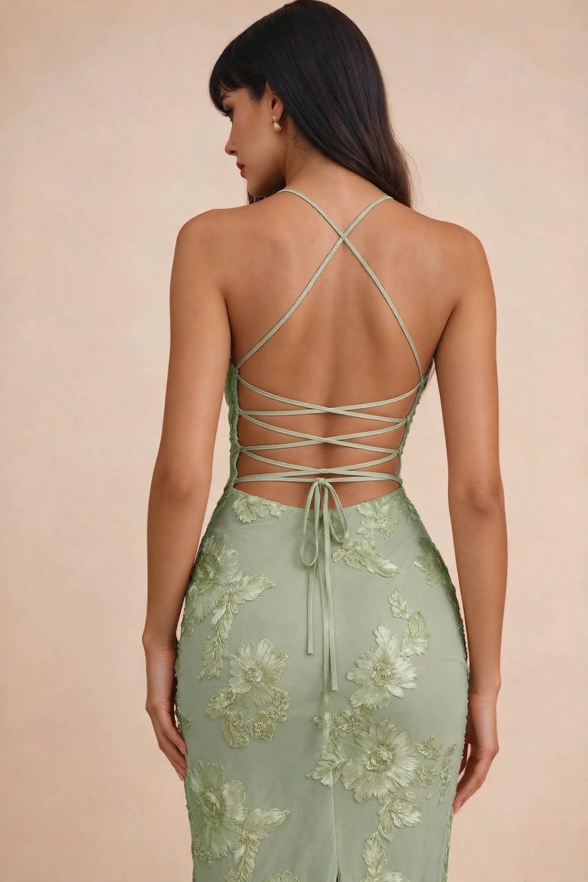 Clementine Sage Green 3D Floral Sweetheart Maxi Dress