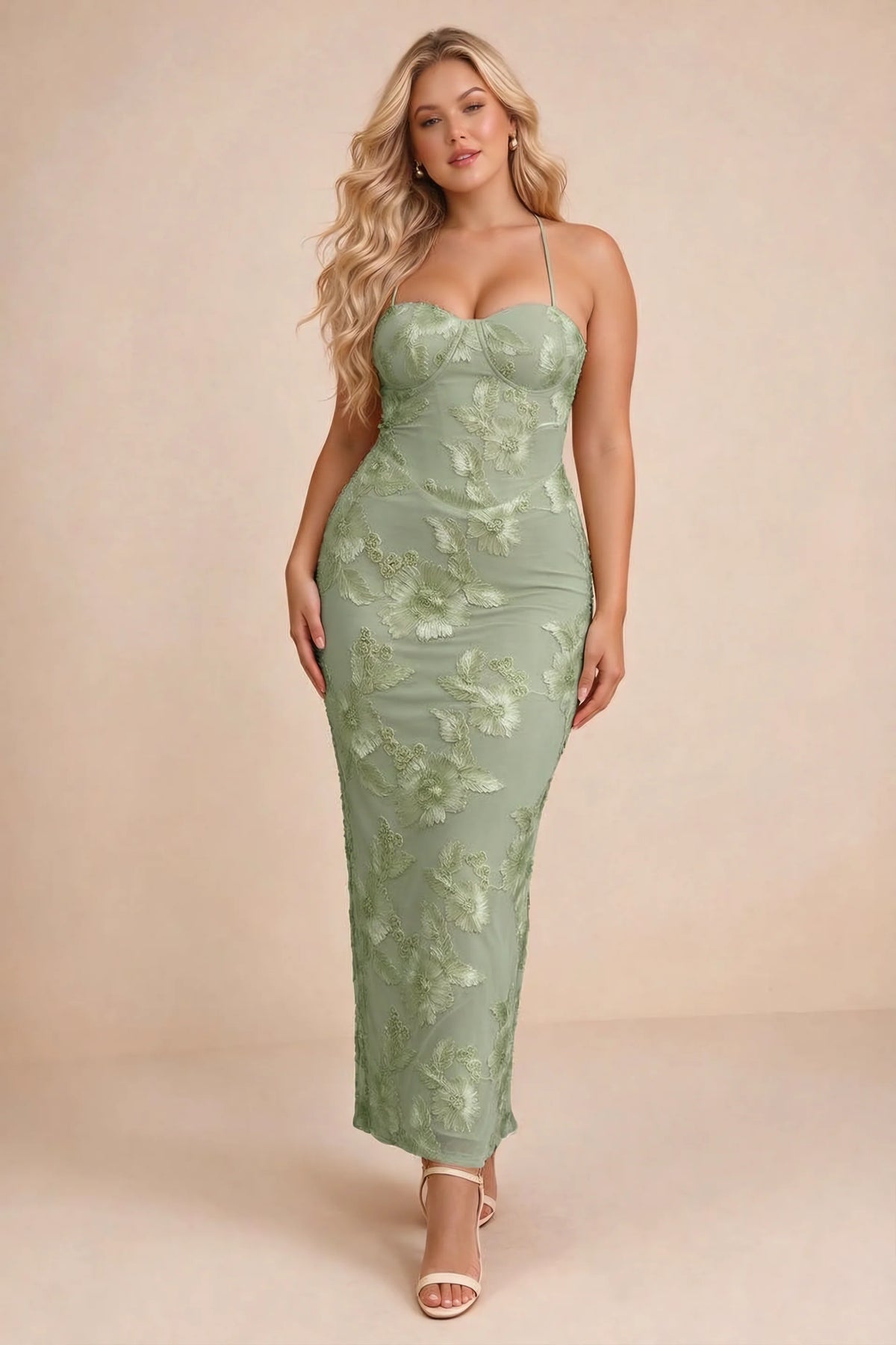 Clementine Sage Green 3D Floral Sweetheart Maxi Dress