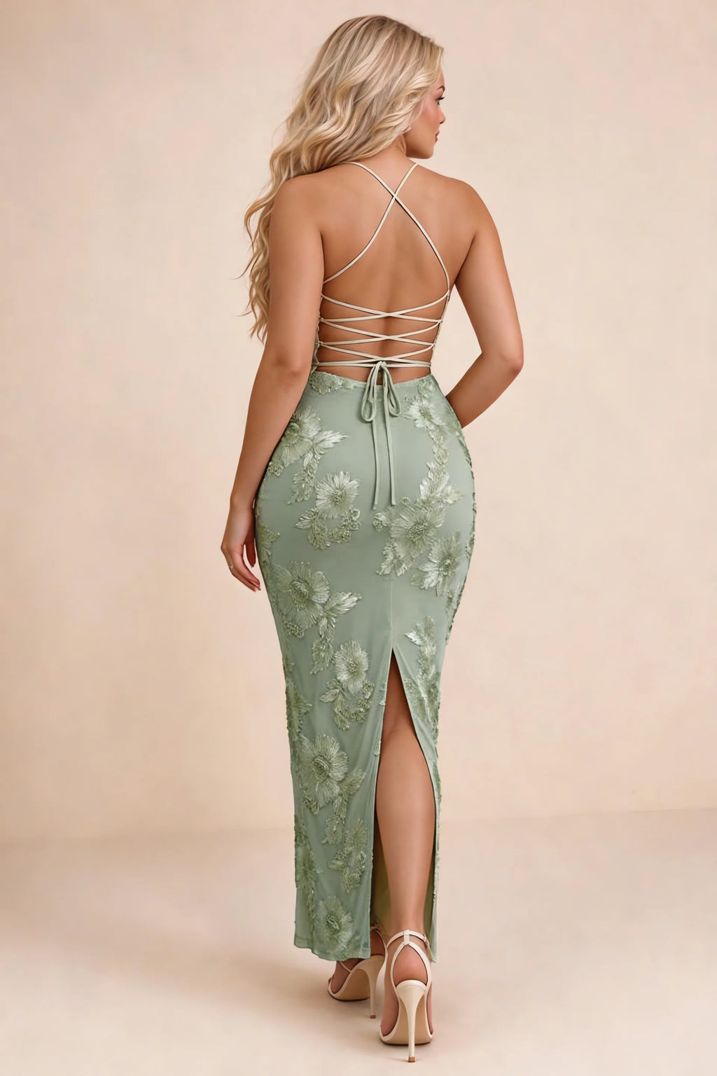 Clementine Sage Green 3D Floral Sweetheart Maxi Dress