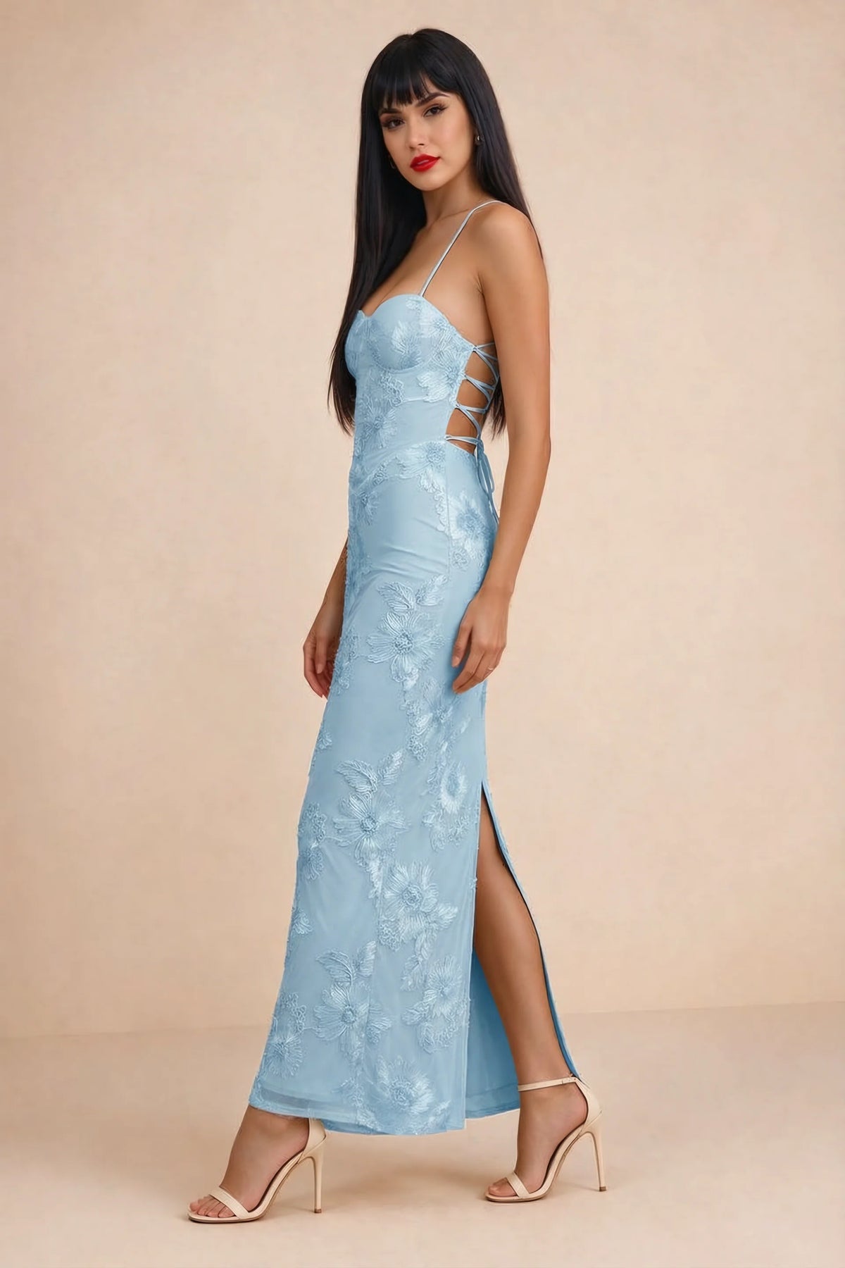 Clementine Sky Blue 3D Floral Sweetheart Maxi Dress
