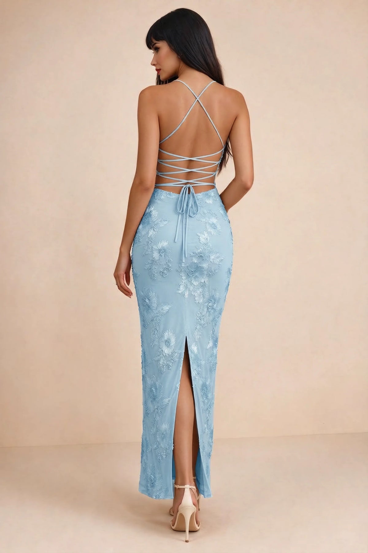 Clementine Sky Blue 3D Floral Sweetheart Maxi Dress