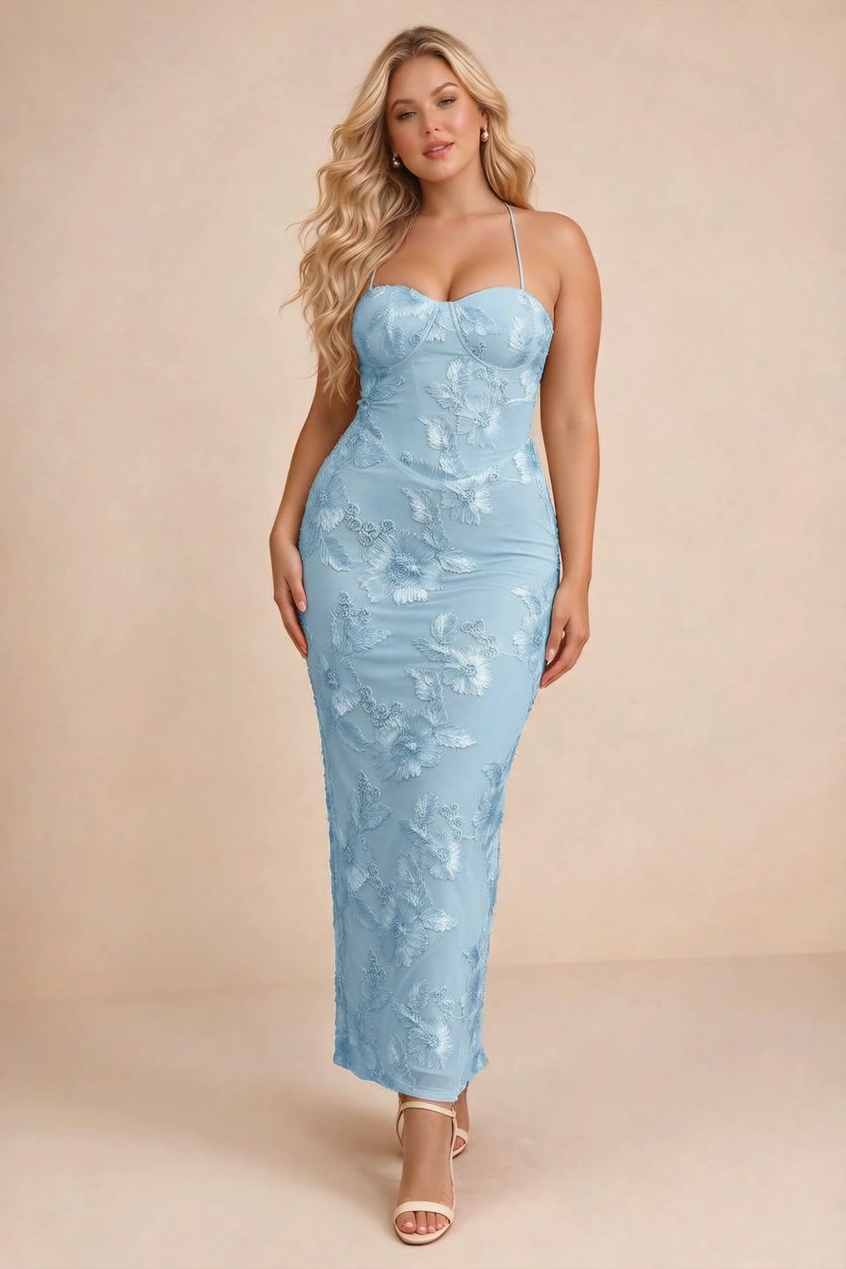 Clementine Sky Blue 3D Floral Sweetheart Maxi Dress