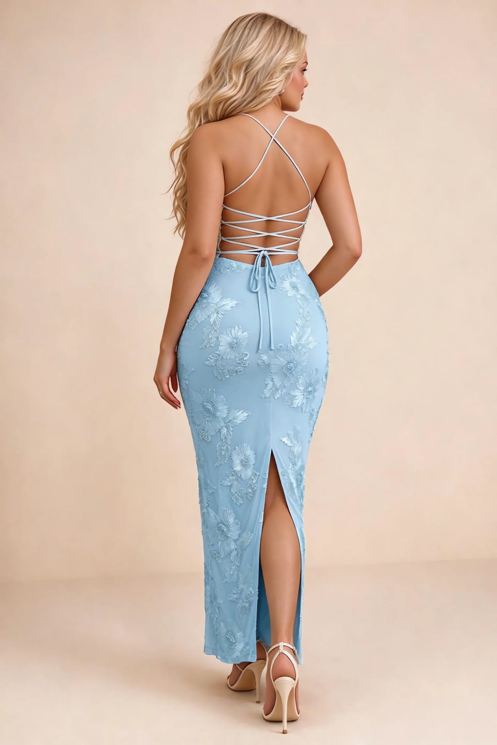 Clementine Sky Blue 3D Floral Sweetheart Maxi Dress