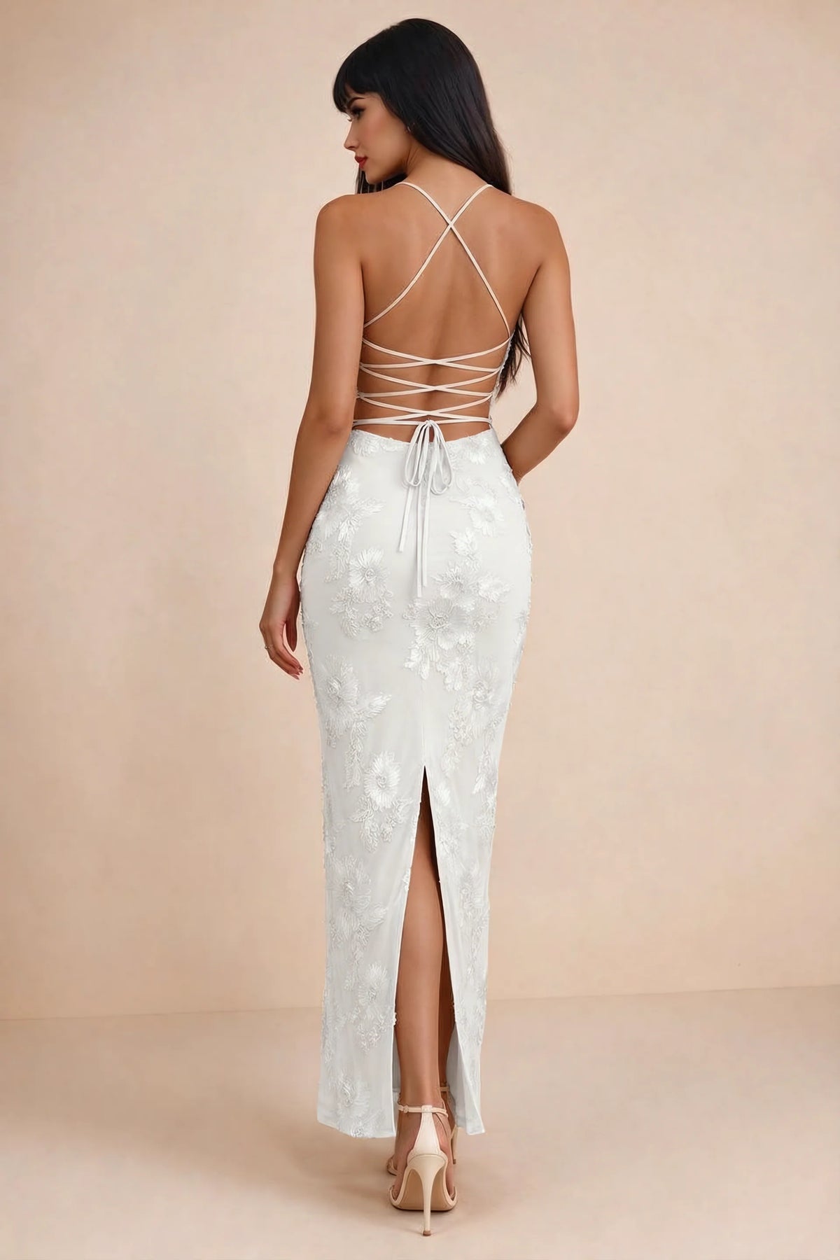 Clementine White 3D Floral Sweetheart Maxi Dress
