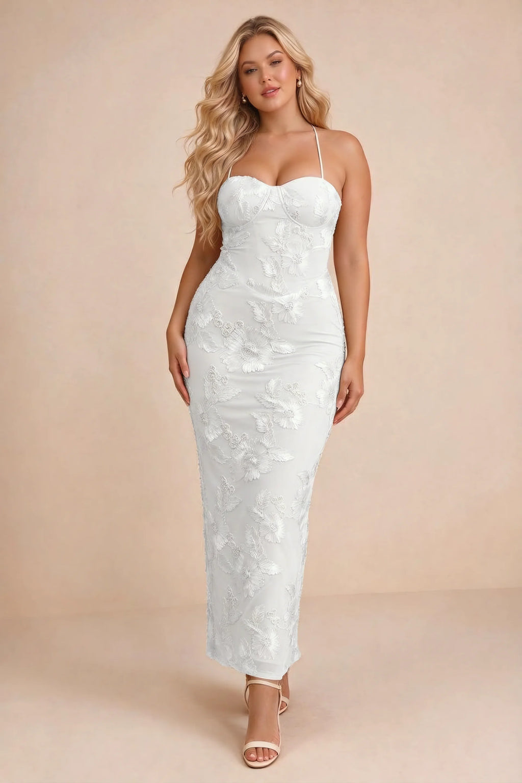 Clementine White 3D Floral Sweetheart Maxi Dress