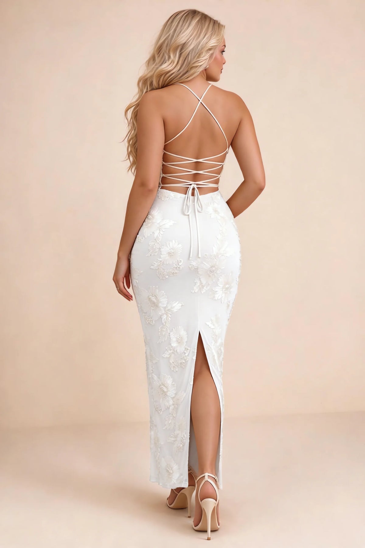 Clementine White 3D Floral Sweetheart Maxi Dress