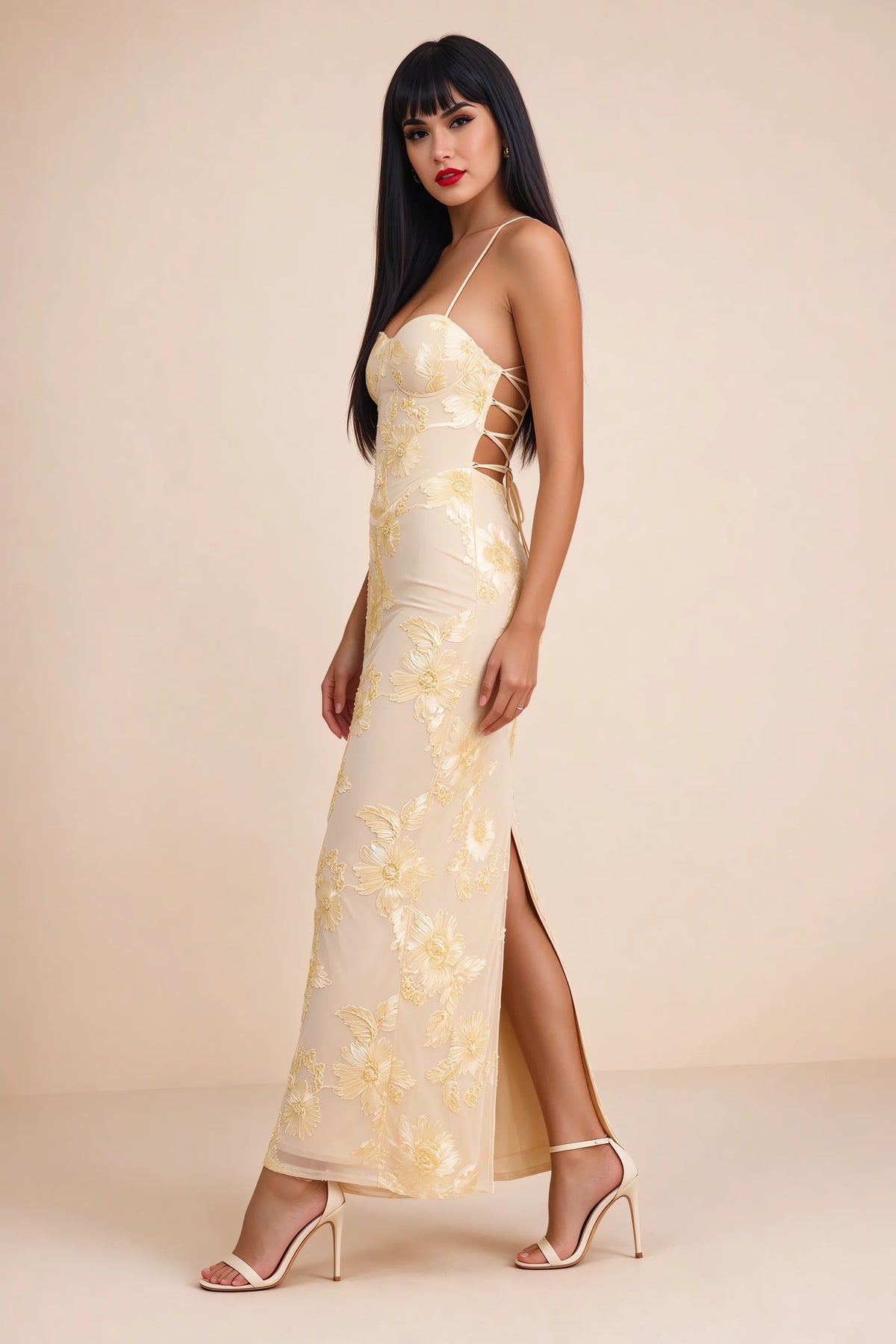 Clementine Yellow 3D Floral Sweetheart Maxi Dress