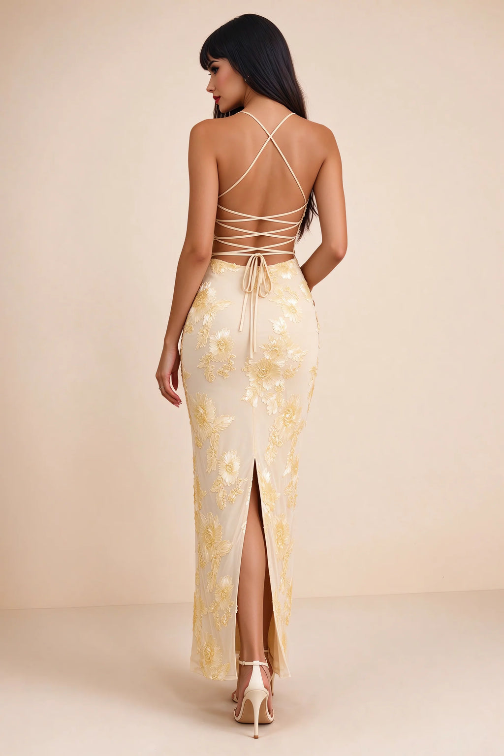 Clementine Yellow 3D Floral Sweetheart Maxi Dress