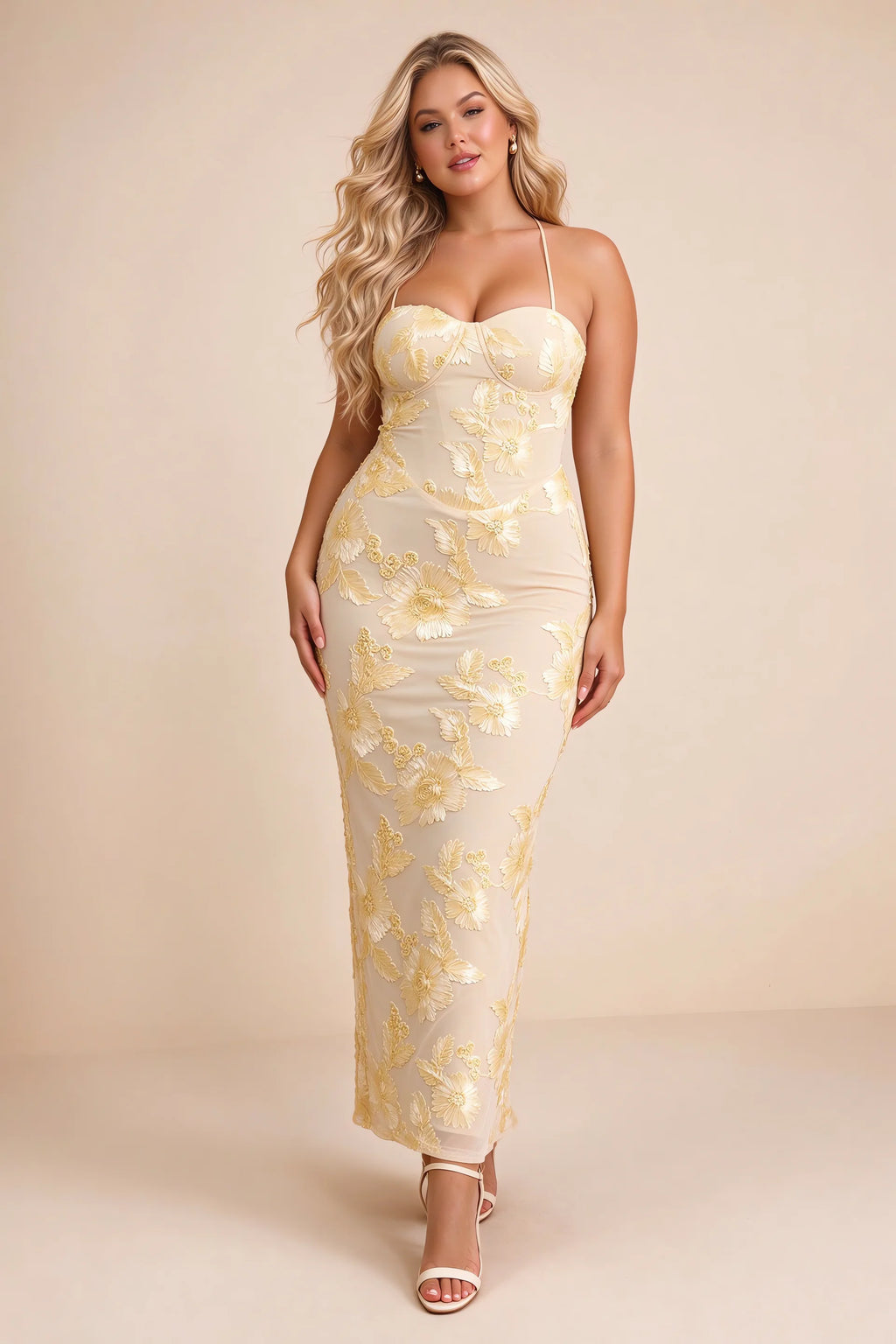 Clementine Yellow 3D Floral Sweetheart Maxi Dress