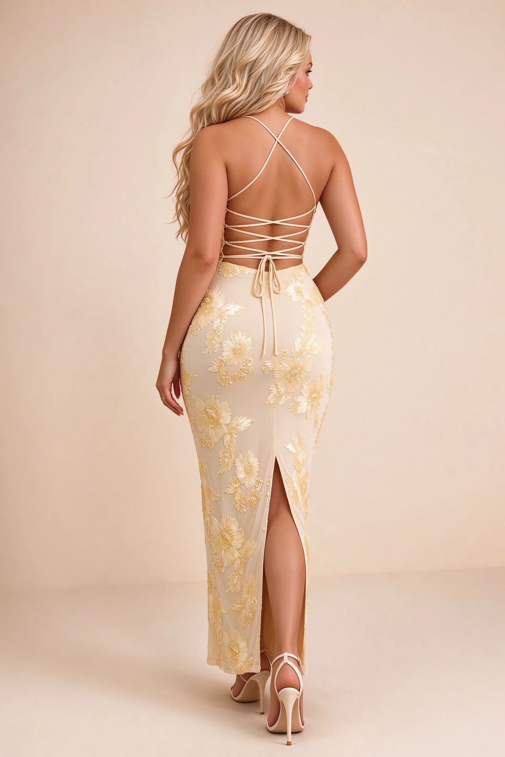 Clementine Yellow 3D Floral Sweetheart Maxi Dress
