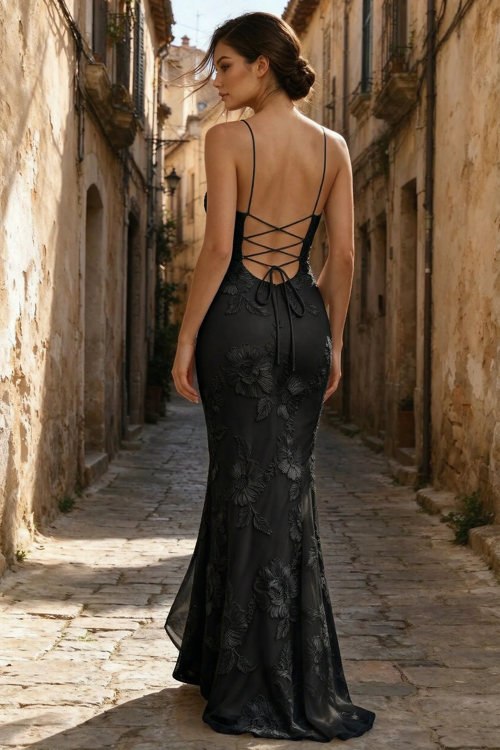 Cordelia Black Floral Appliqué Mermaid Maxi Dress