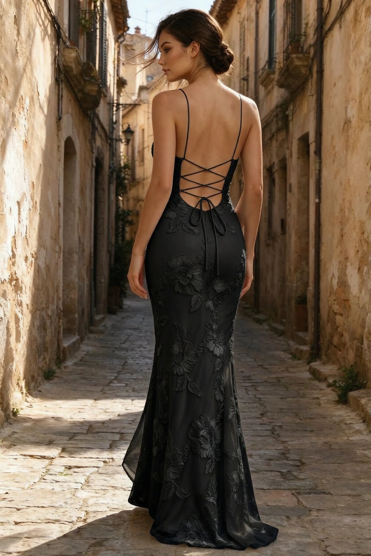 Cordelia Black Floral Appliqué Mermaid Maxi Dress