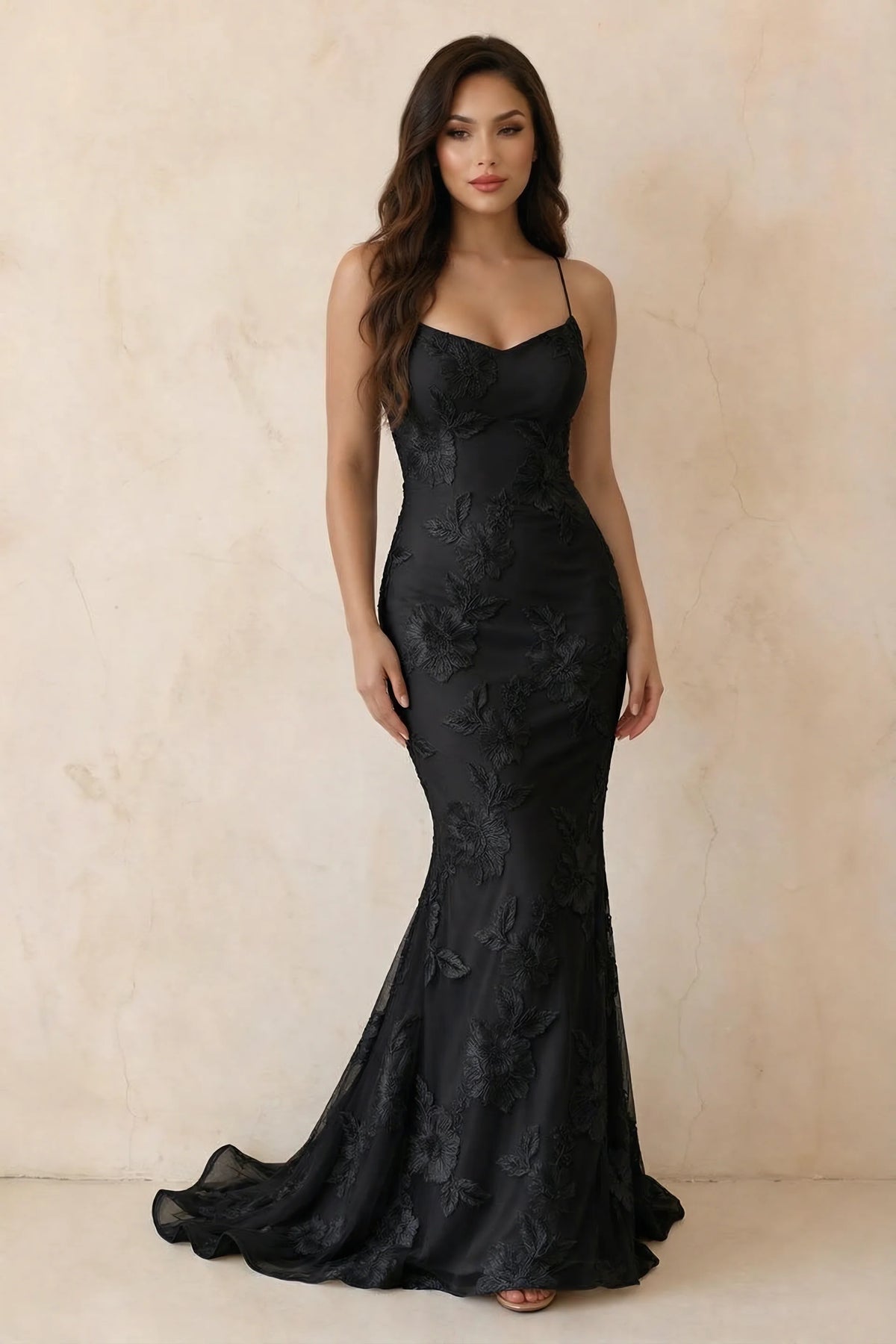 Cordelia Black Floral Appliqué Mermaid Maxi Dress
