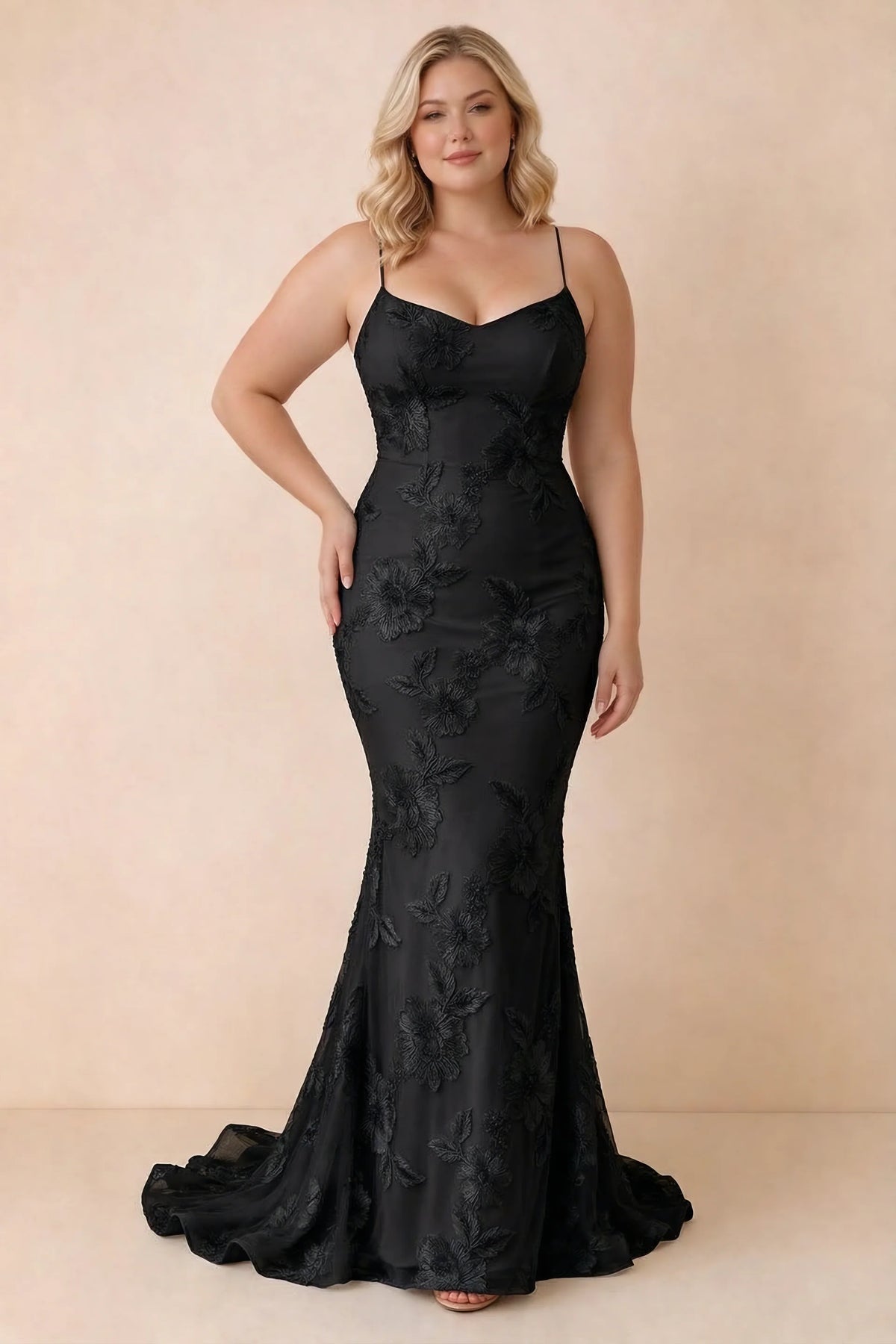 Cordelia Black Floral Appliqué Mermaid Maxi Dress