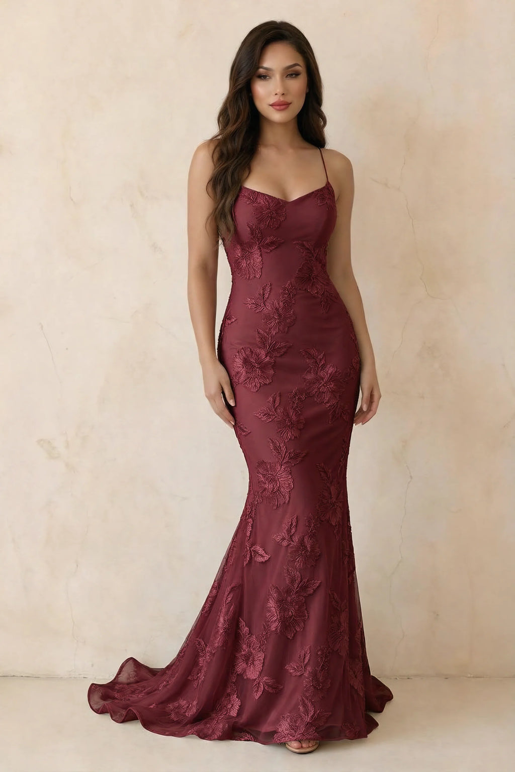 Cordelia Burgundy Floral Appliqué Mermaid Maxi Dress