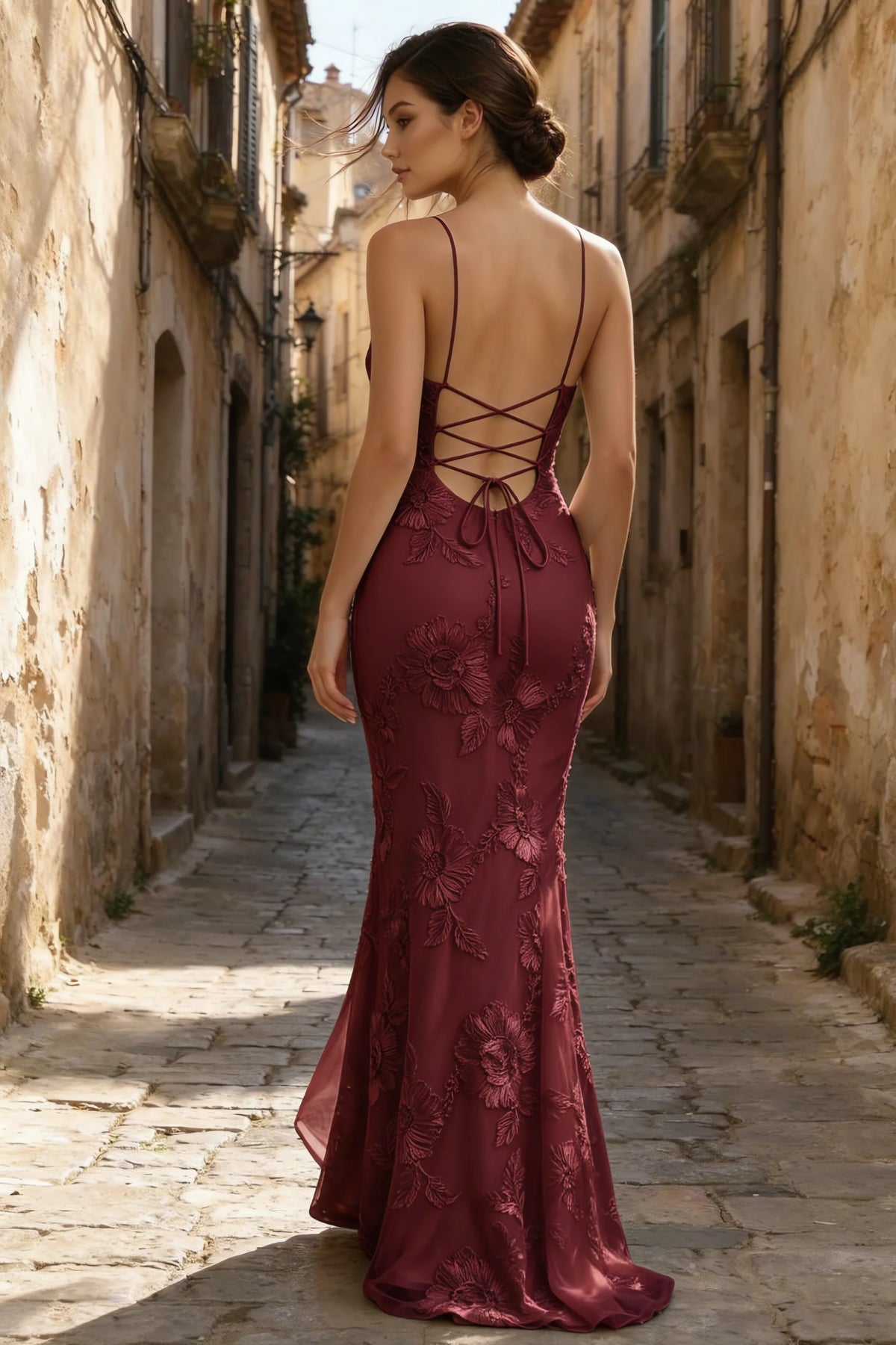 Cordelia Burgundy Floral Appliqué Mermaid Maxi Dress