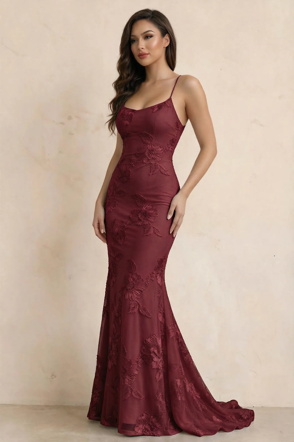 Cordelia Burgundy Floral Appliqué Mermaid Maxi Dress
