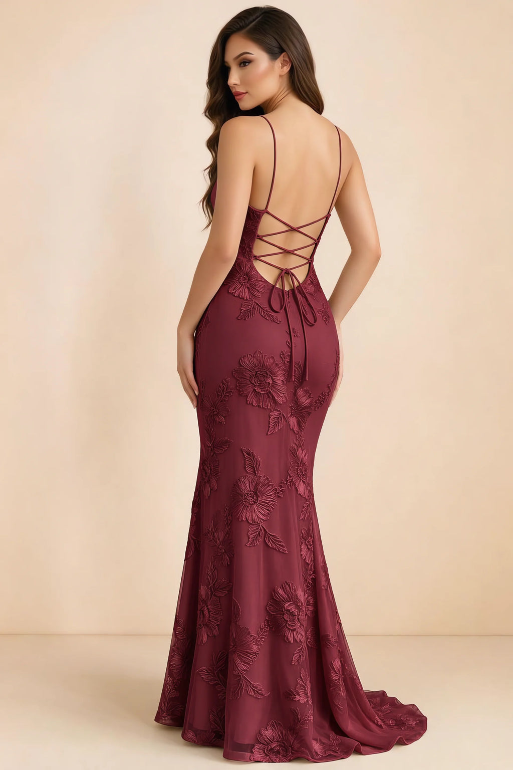 Cordelia Burgundy Floral Appliqué Mermaid Maxi Dress