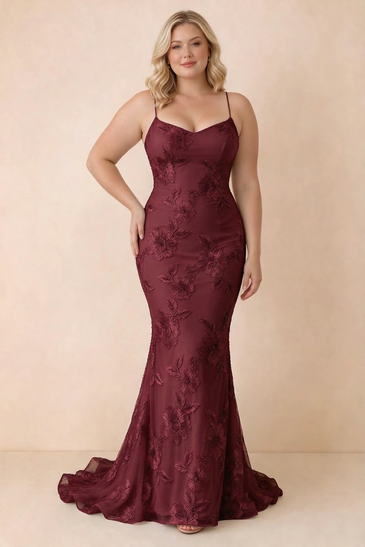 Cordelia Burgundy Floral Appliqué Mermaid Maxi Dress