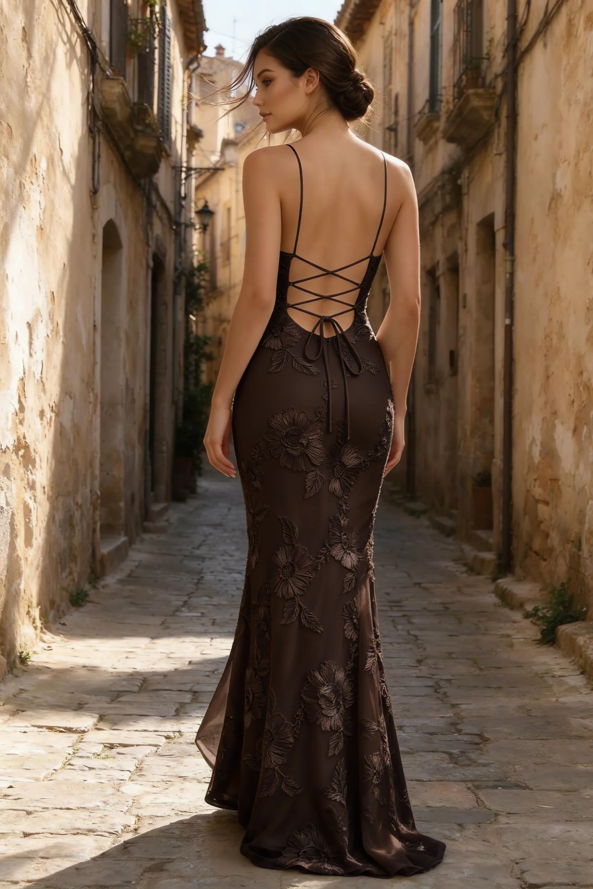 Cordelia Chocolate Brown Floral Appliqué Mermaid Maxi Dress