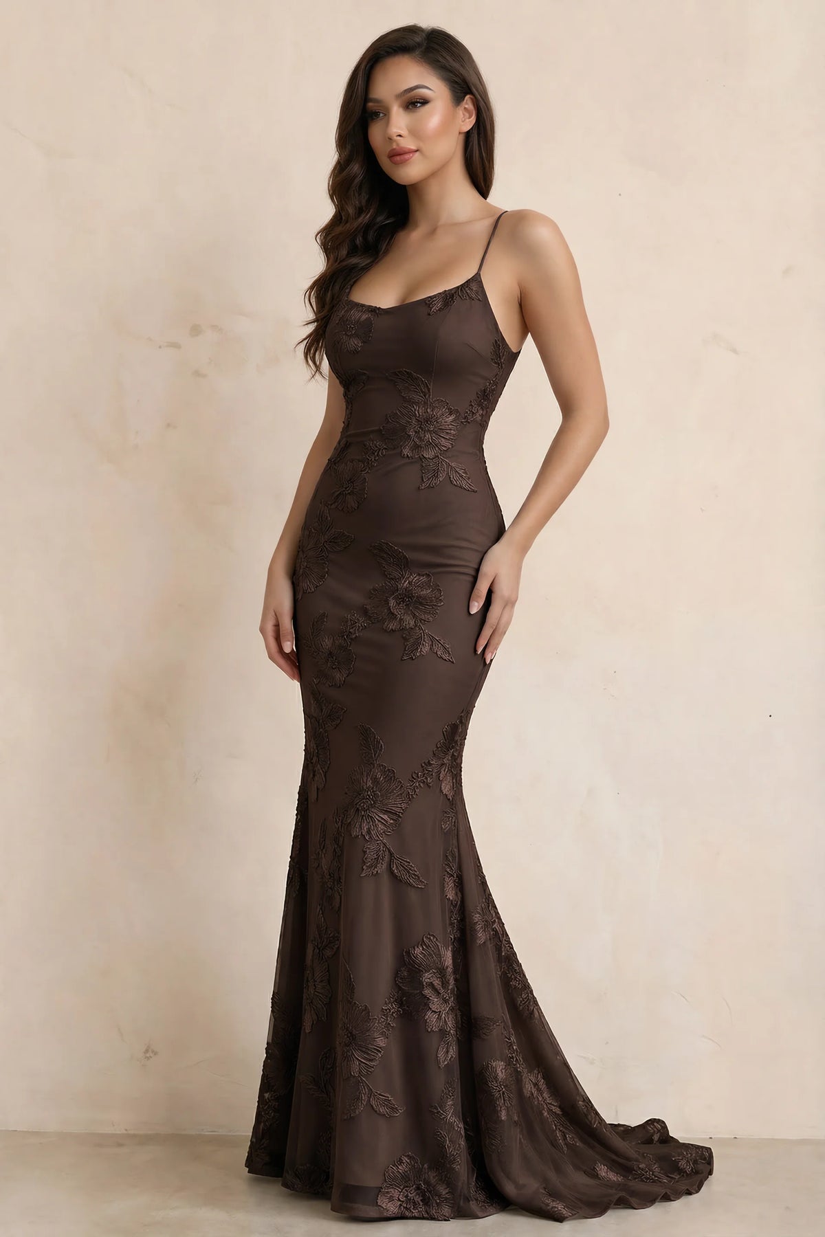 Cordelia Chocolate Brown Floral Appliqué Mermaid Maxi Dress