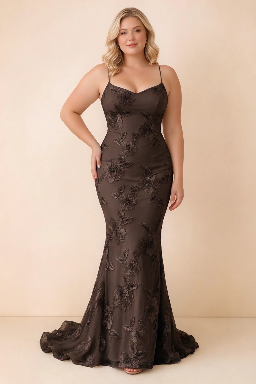 Cordelia Chocolate Brown Floral Appliqué Mermaid Maxi Dress
