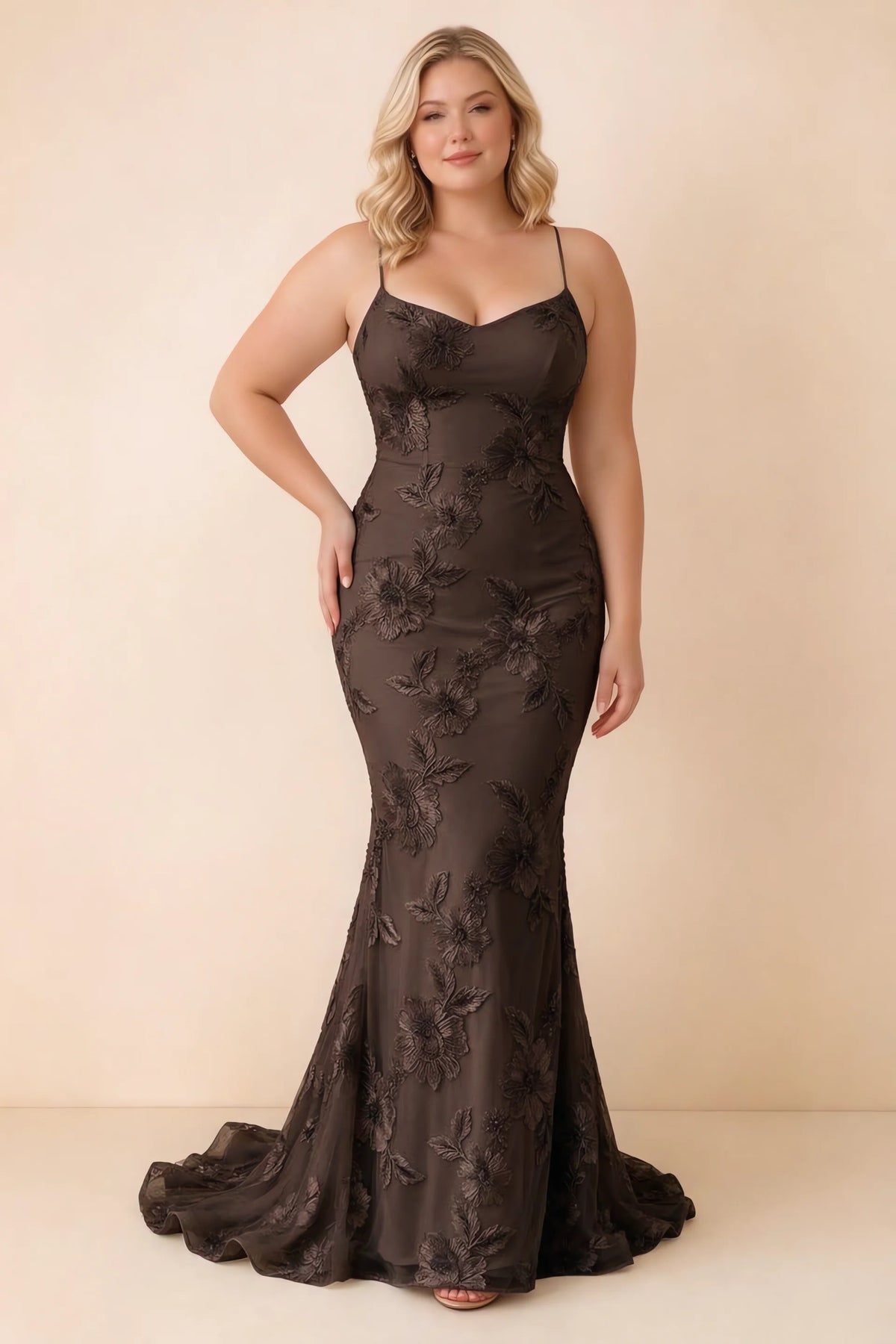 Cordelia Chocolate Brown Floral Appliqué Mermaid Maxi Dress