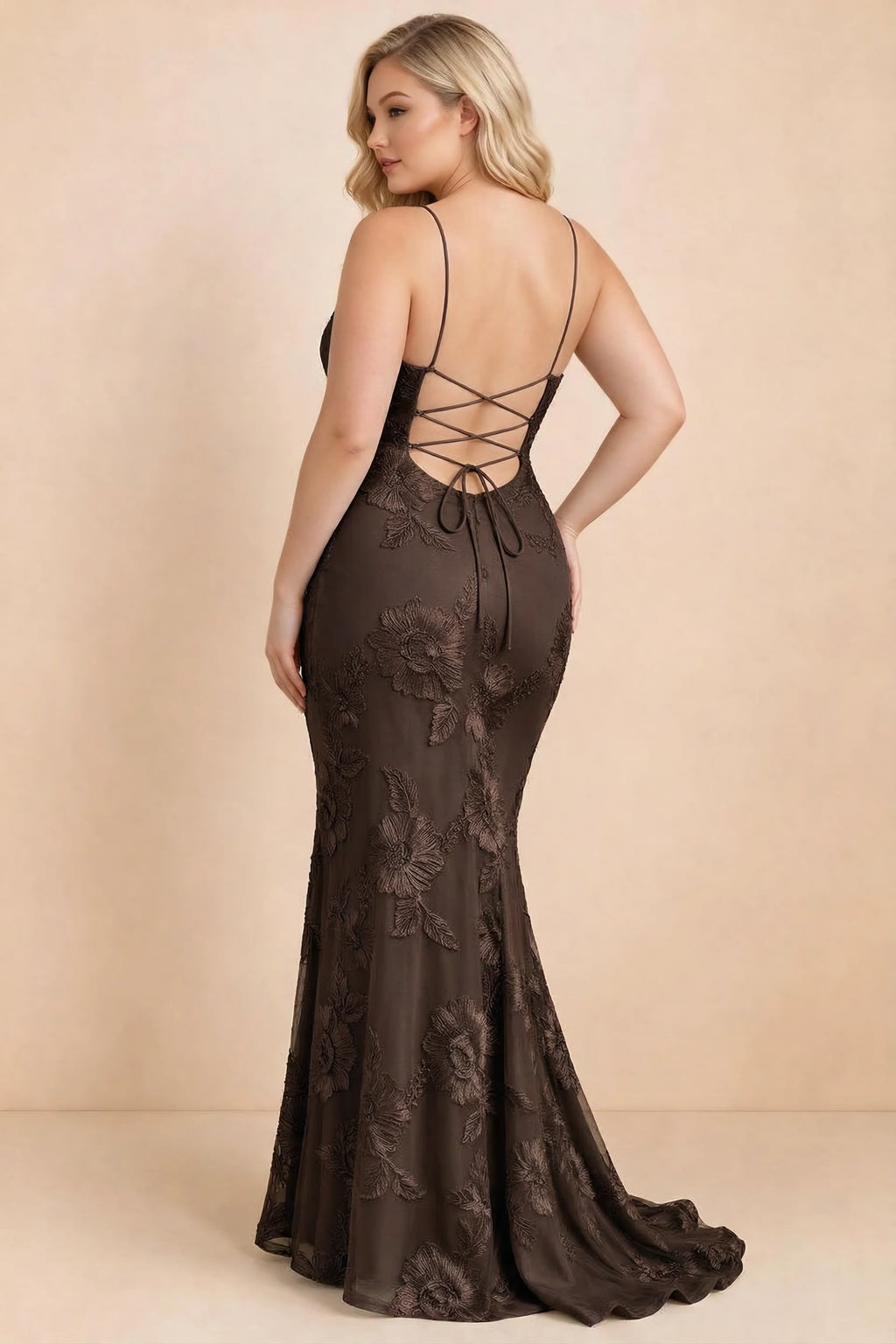 Cordelia Chocolate Brown Floral Appliqué Mermaid Maxi Dress