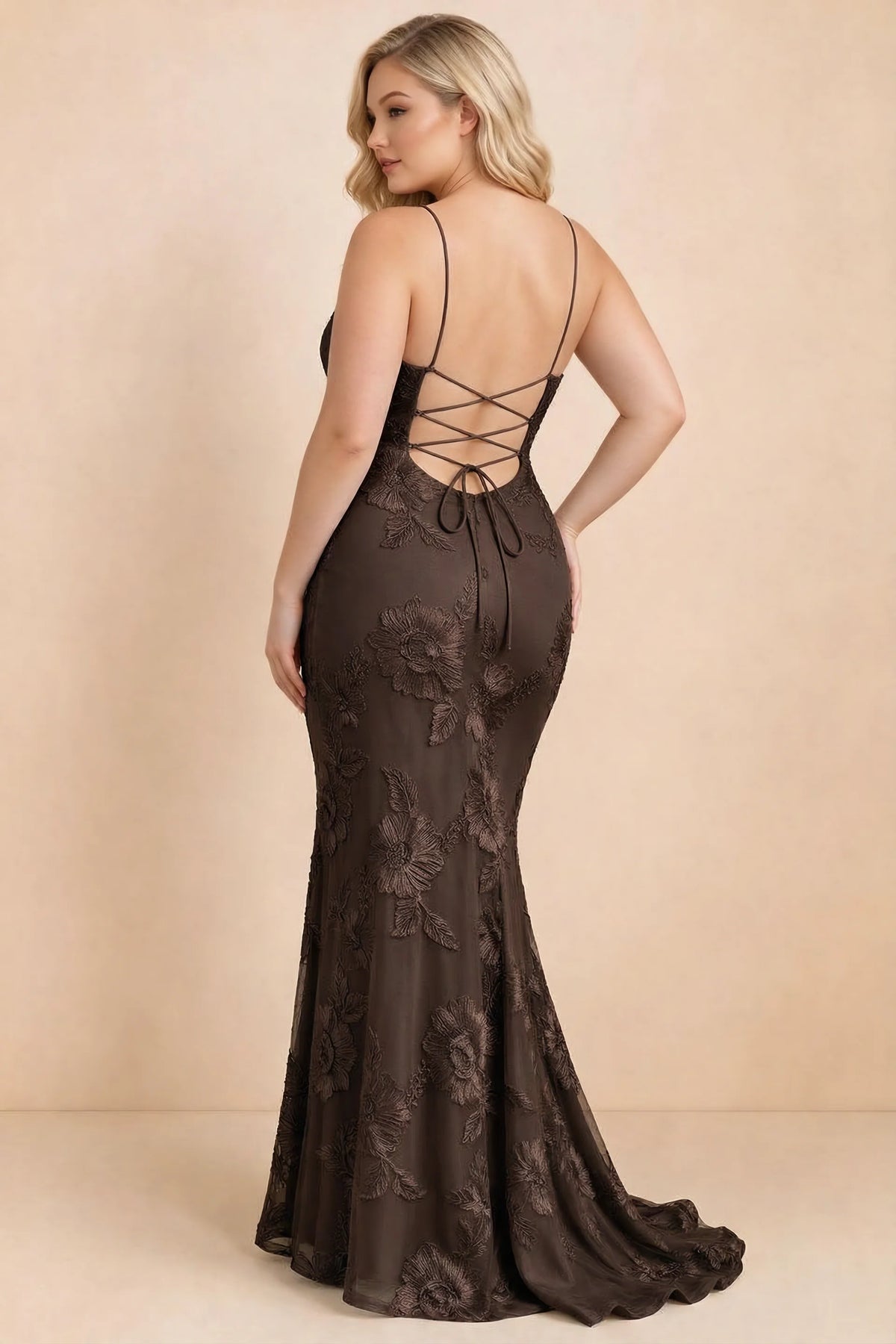 Cordelia Chocolate Brown Floral Appliqué Mermaid Maxi Dress