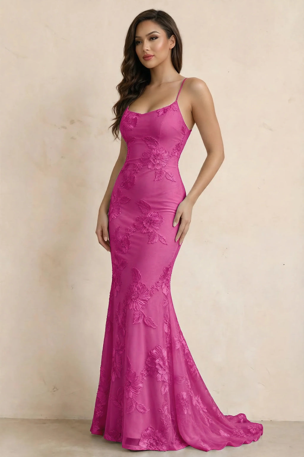 Cordelia Fuchsia Floral Appliqué Mermaid Maxi Dress