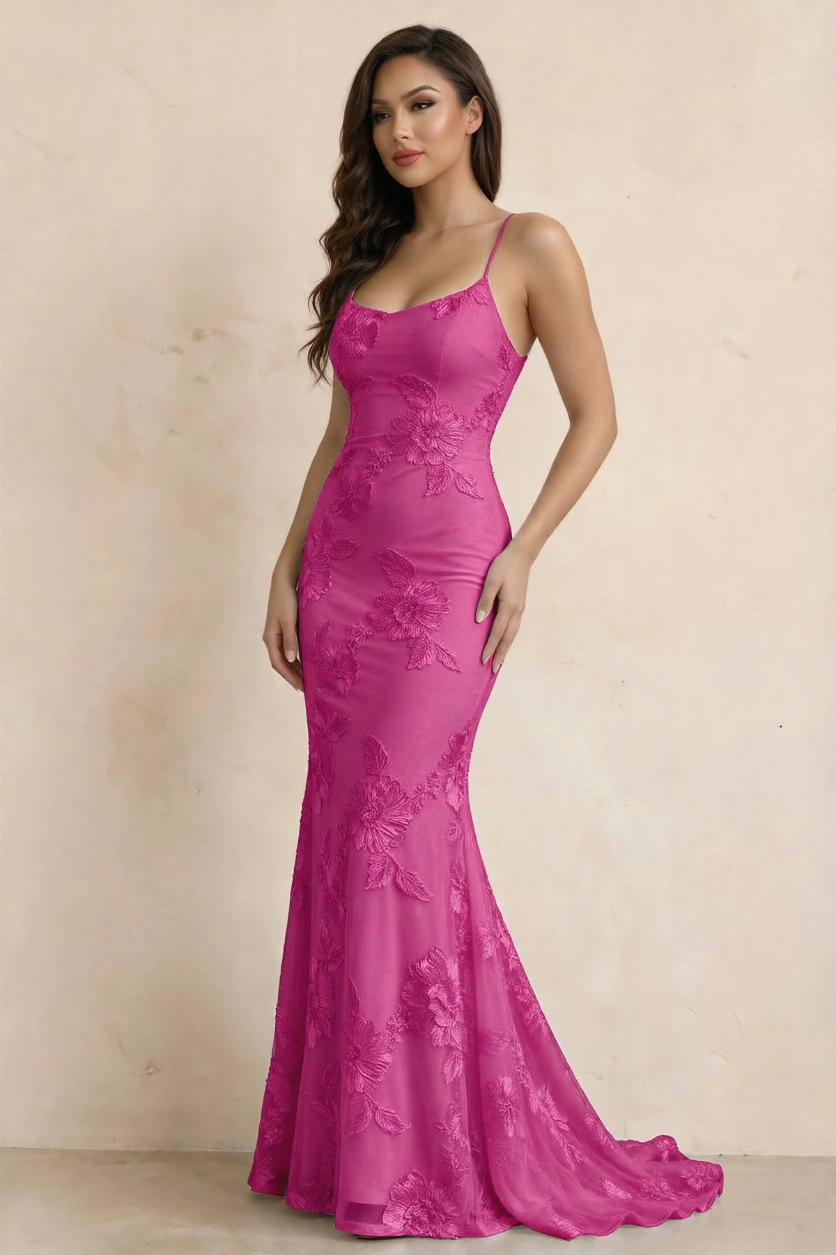 Cordelia Fuchsia Floral Appliqué Mermaid Maxi Dress
