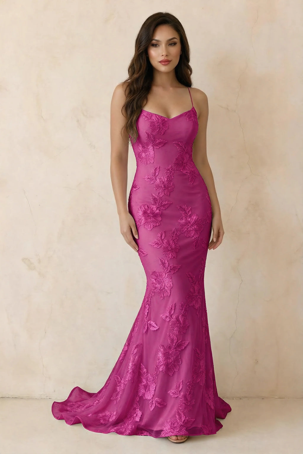 Cordelia Fuchsia Floral Appliqué Mermaid Maxi Dress