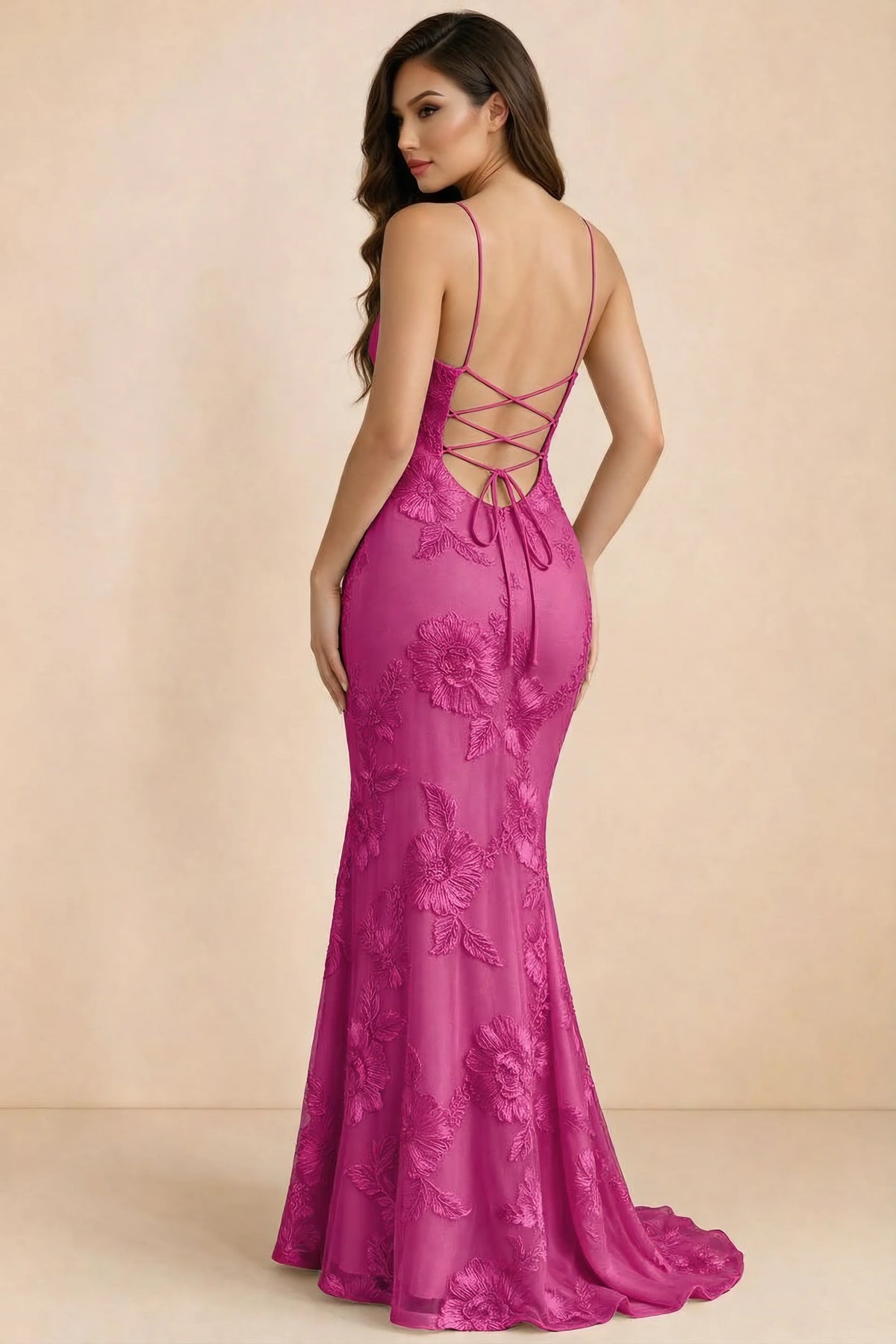 Cordelia Fuchsia Floral Appliqué Mermaid Maxi Dress