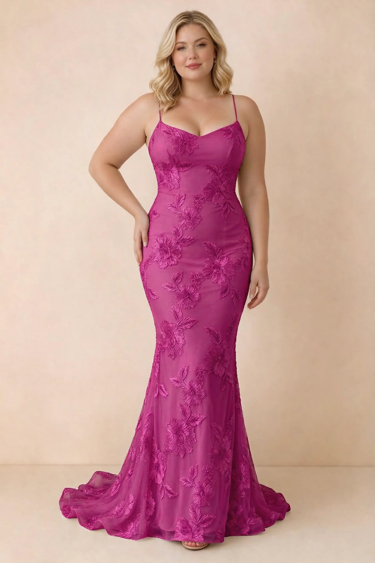 Cordelia Fuchsia Floral Appliqué Mermaid Maxi Dress