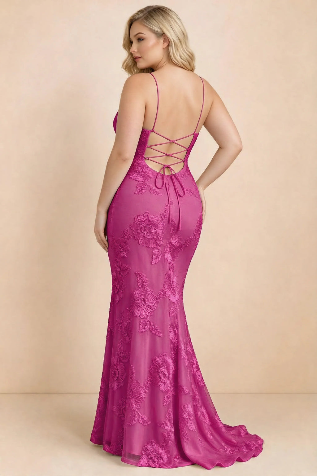 Cordelia Fuchsia Floral Appliqué Mermaid Maxi Dress