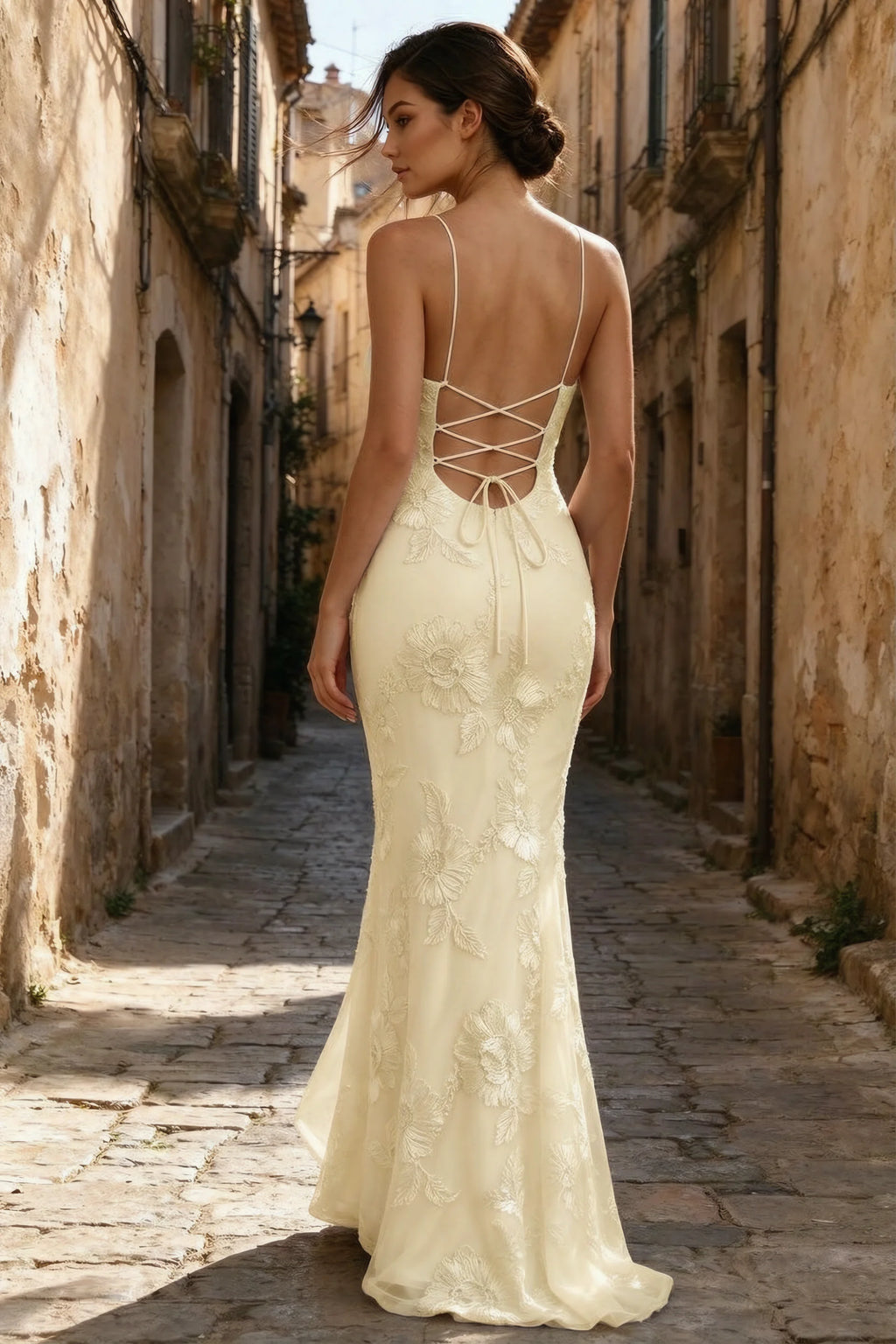 Cordelia Lemon Floral Appliqué Mermaid Maxi Dress