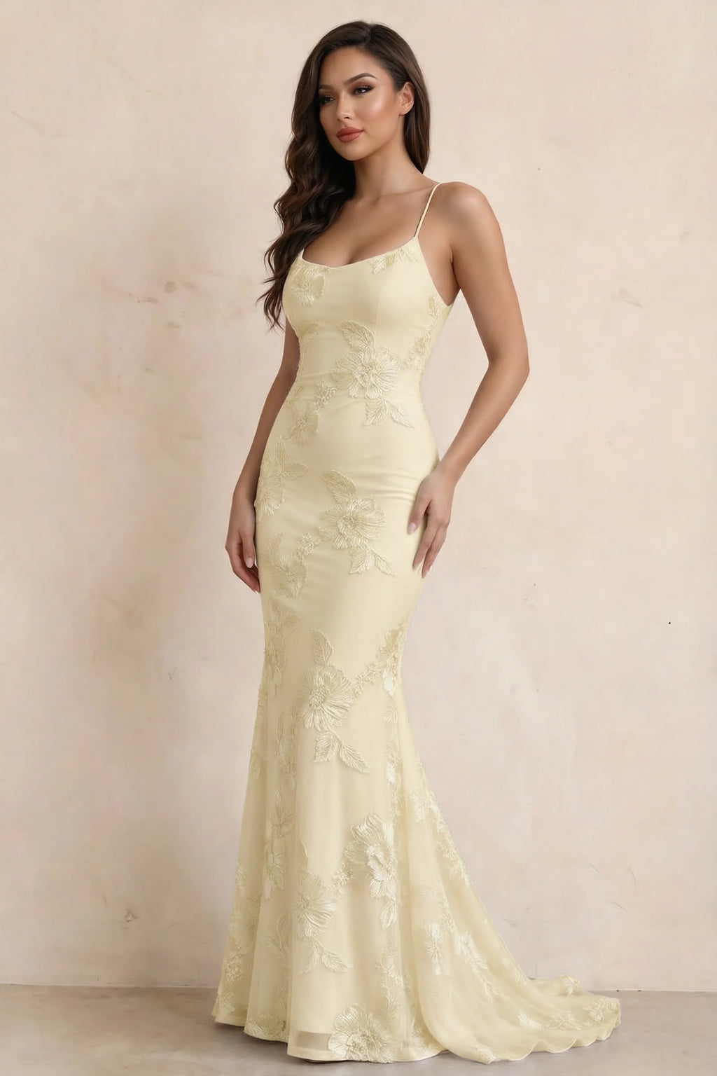 Cordelia Lemon Floral Appliqué Mermaid Maxi Dress
