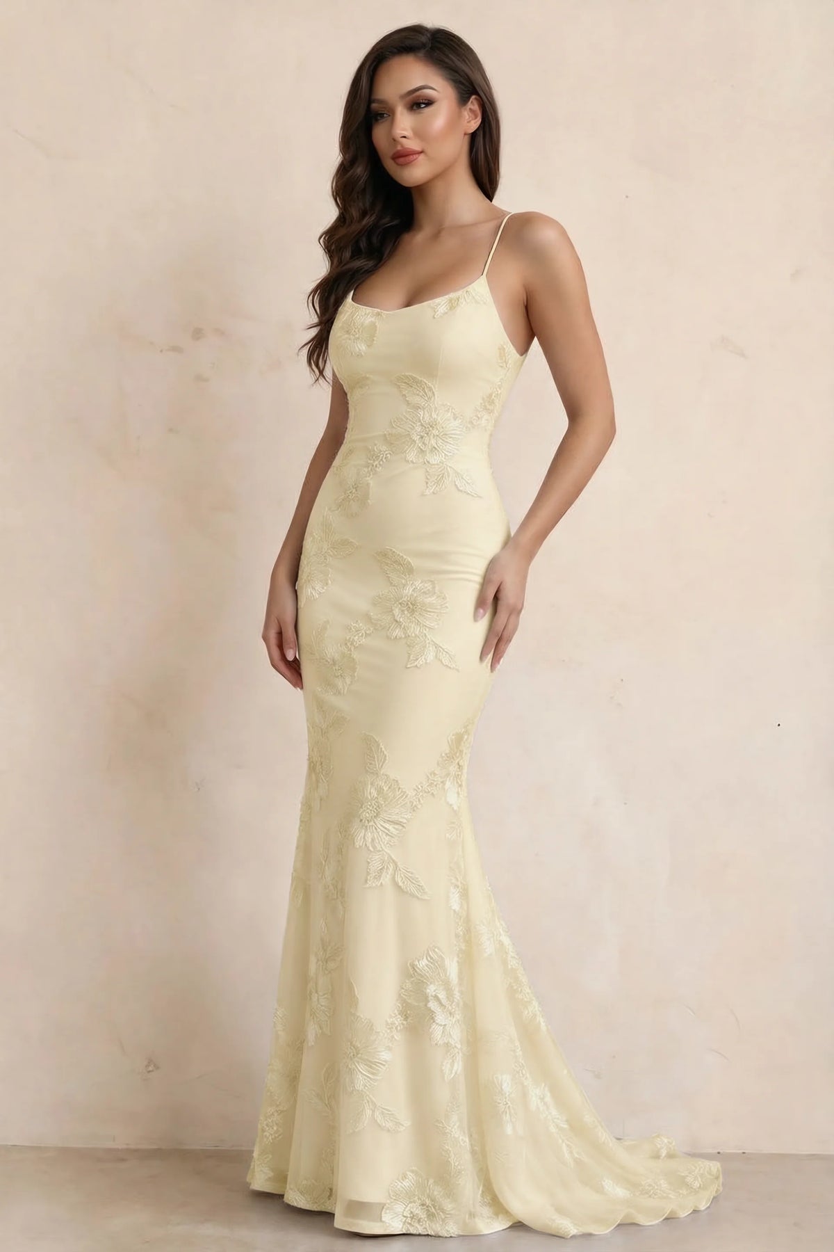 Cordelia Lemon Floral Appliqué Mermaid Maxi Dress