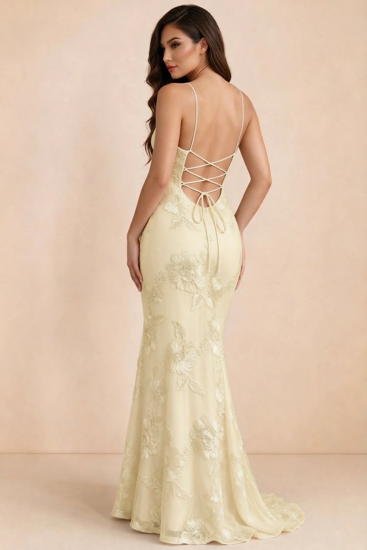 Cordelia Lemon Floral Appliqué Mermaid Maxi Dress