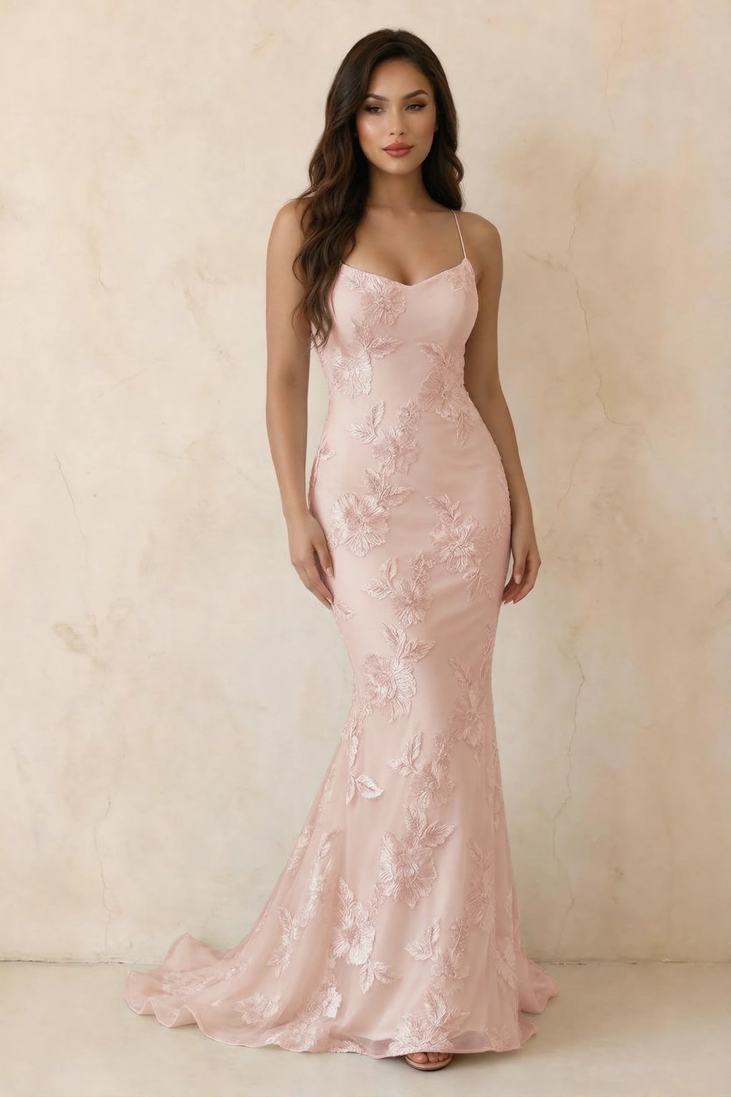 Cordelia Light Pink Floral Appliqué Mermaid Maxi Dress