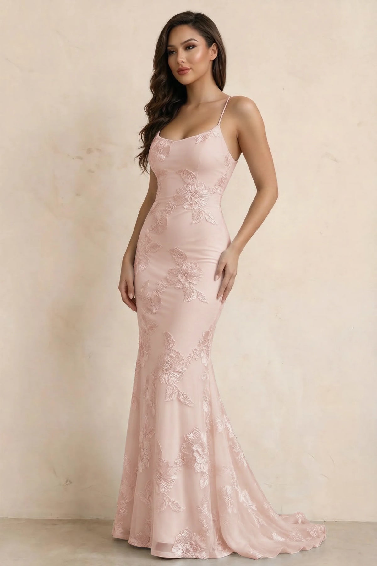 Cordelia Light Pink Floral Appliqué Mermaid Maxi Dress