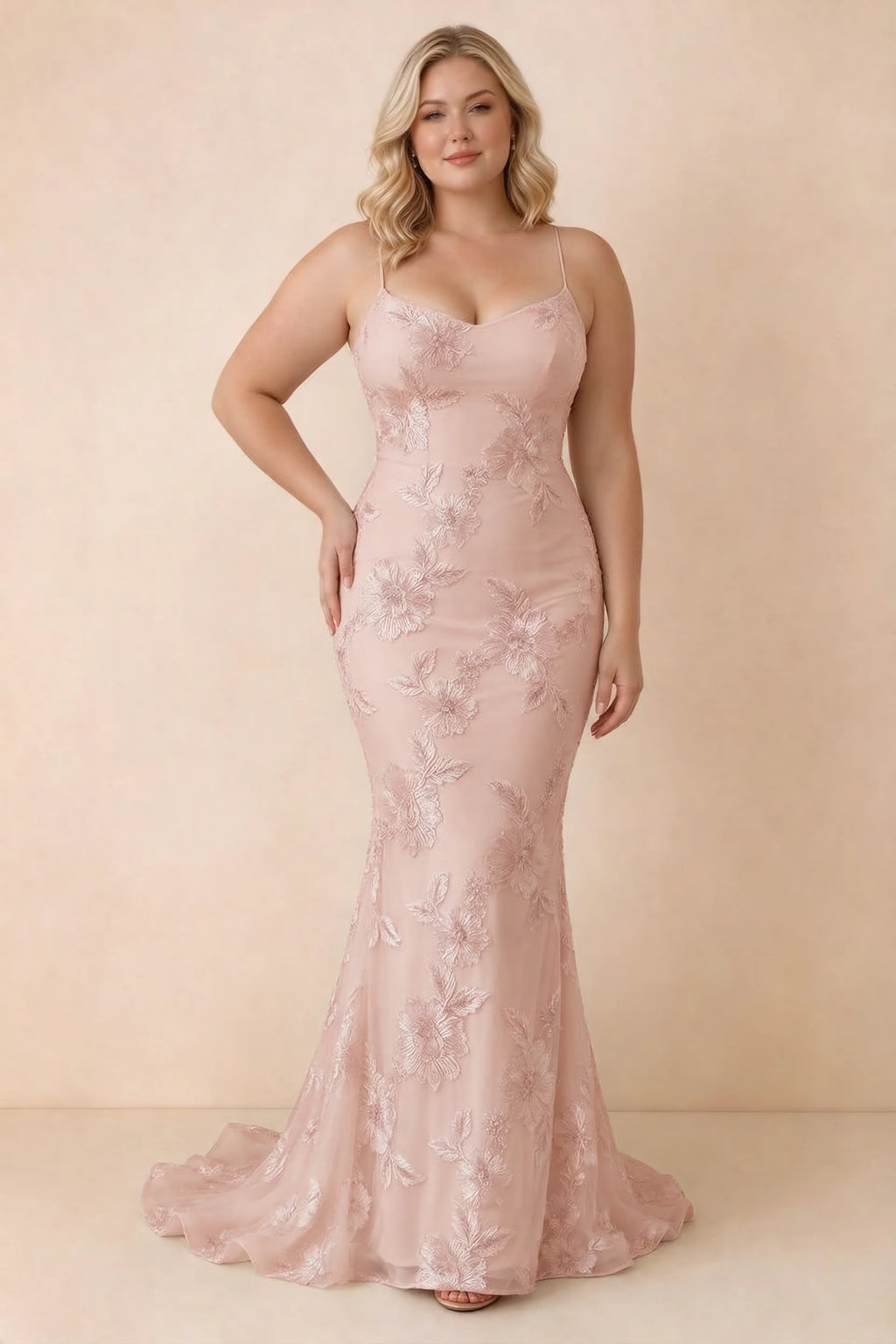 Cordelia Light Pink Floral Appliqué Mermaid Maxi Dress