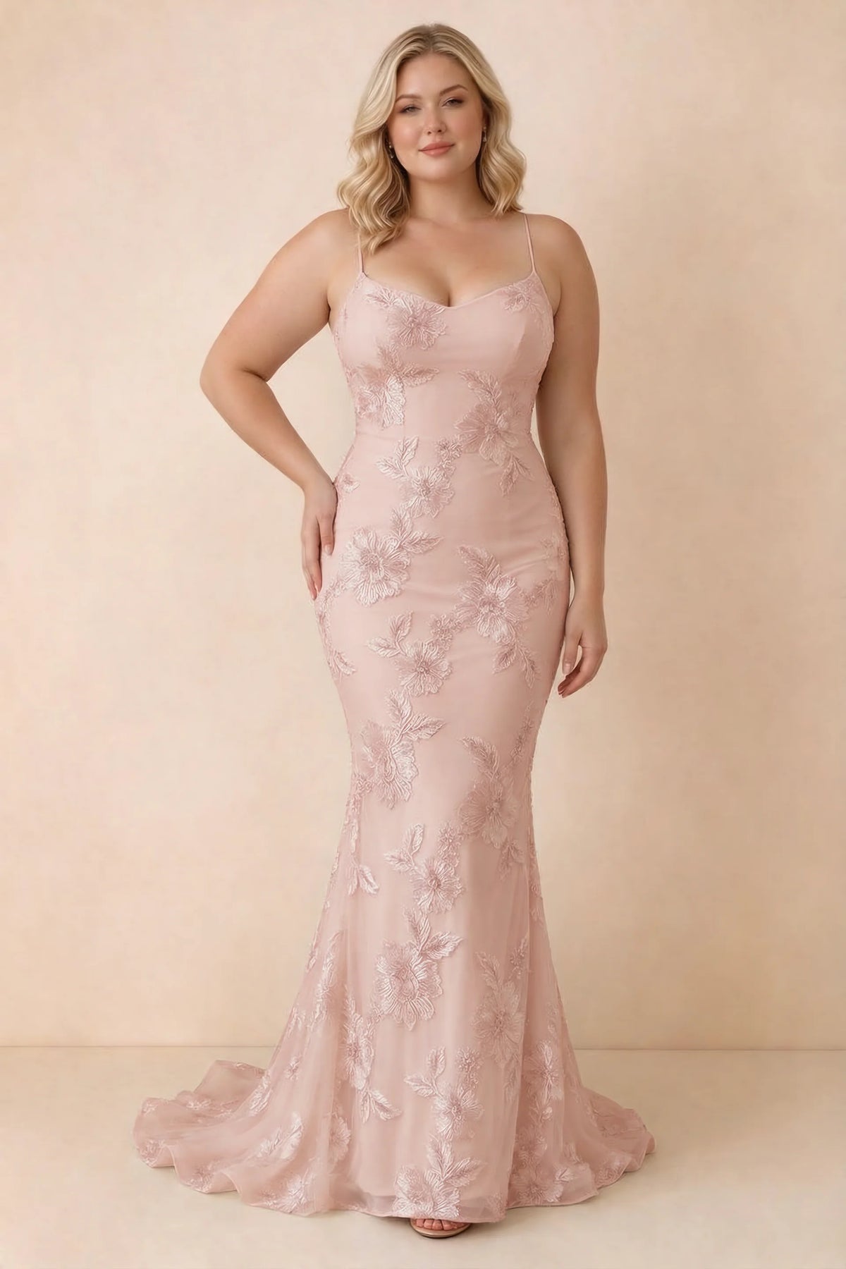 Cordelia Light Pink Floral Appliqué Mermaid Maxi Dress
